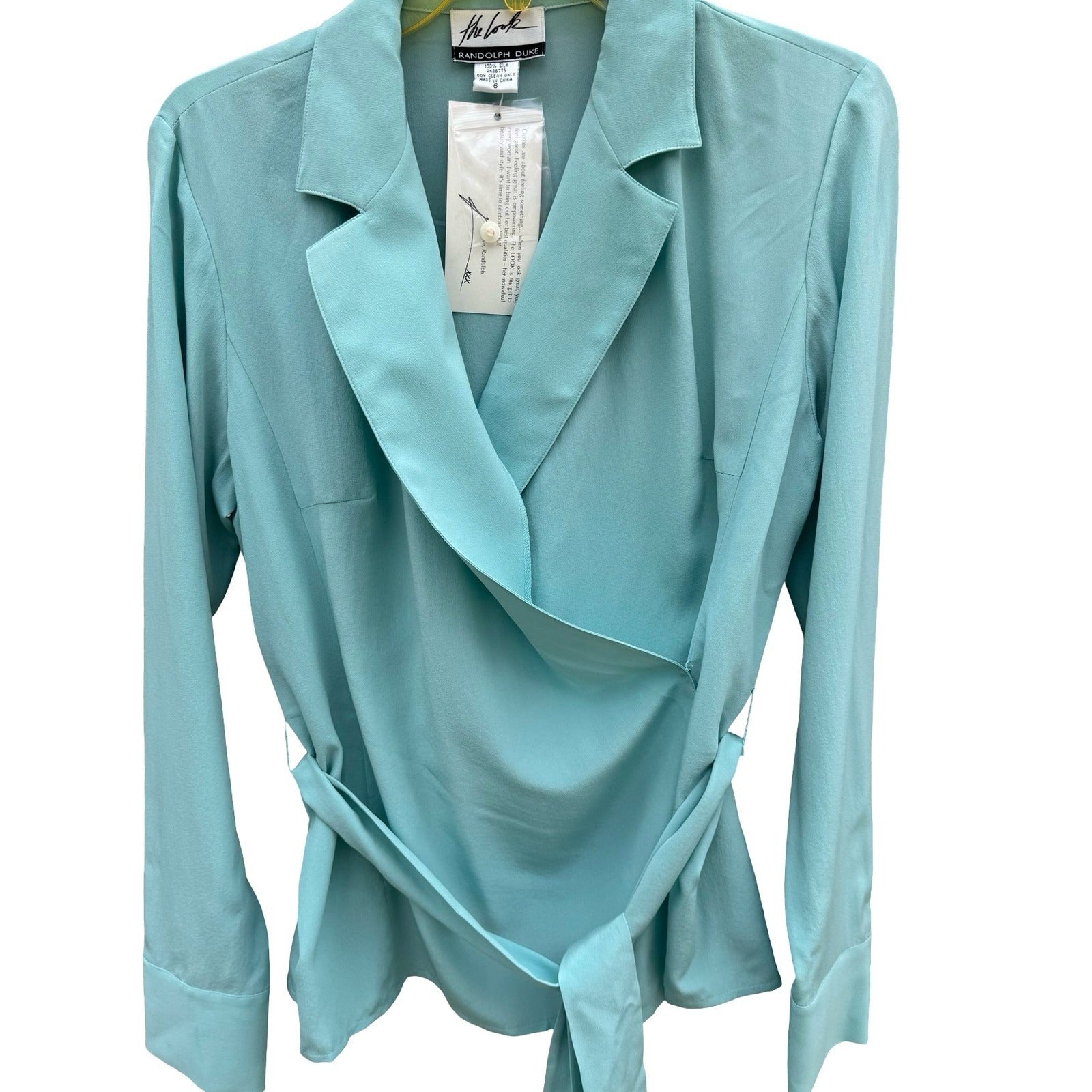 Randolph Duke The Look Aqua Blue 100% Silk Wrap Blouse HA2100 Womens Size 6 NWT