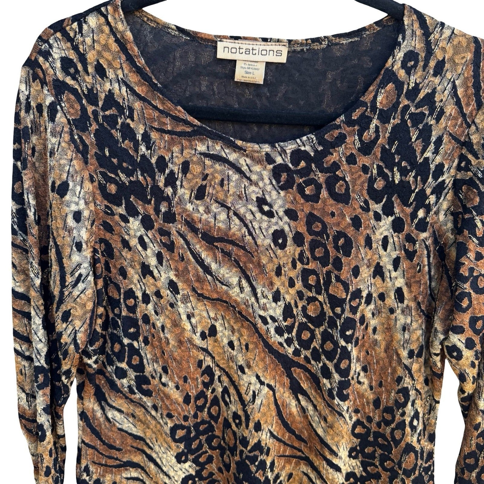 Notations Y2K Mob Wife Animal Print Blouse Metallic Gold Leopard Tiger Womens L