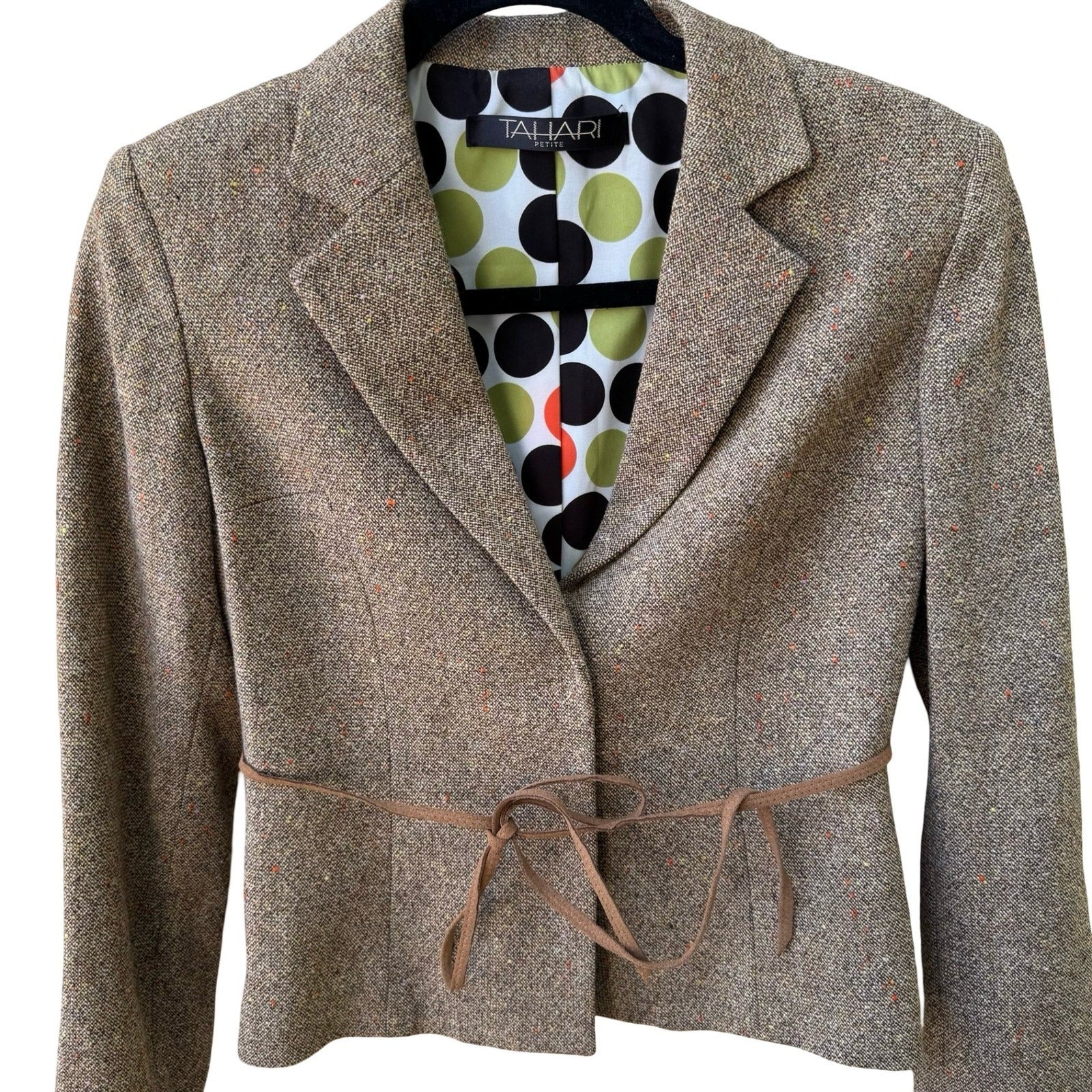Tahari Tweed Wool Blend Dark Academia Professor Core Blazer Jacket Tie Waist 2