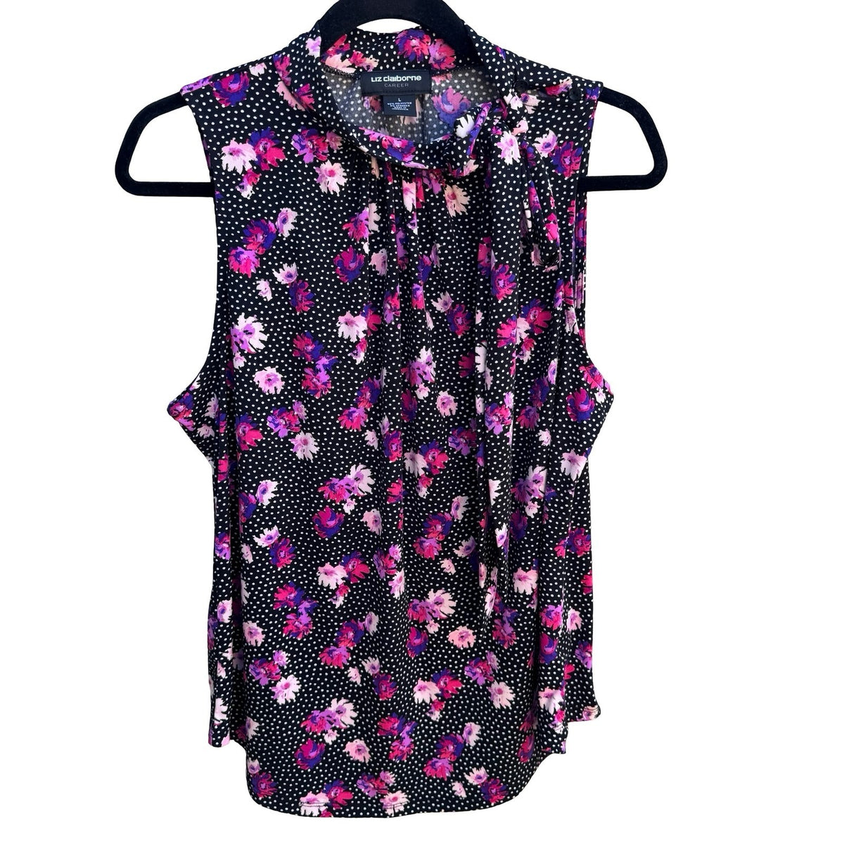 Liz Claiborne Career Floral Polka Dot Feminine Tie Neck Sleeveless Blouse L