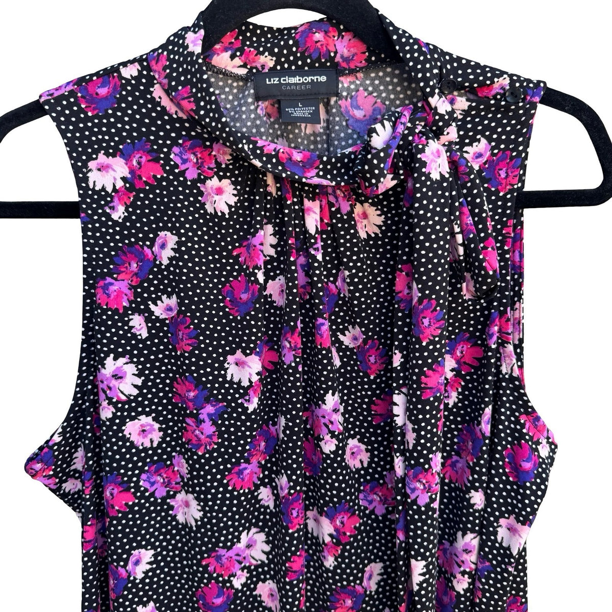 Liz Claiborne Career Floral Polka Dot Feminine Tie Neck Sleeveless Blouse L