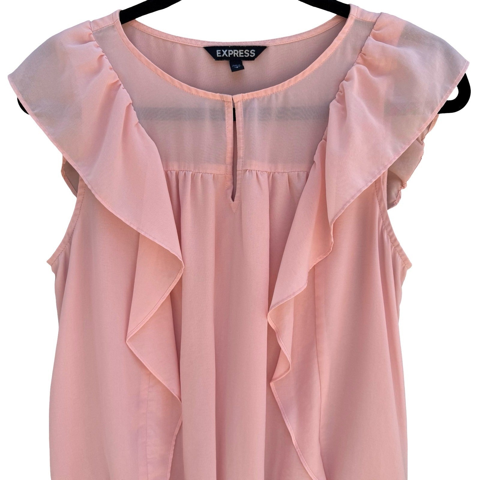 Express Pink Ruffle Flutter Sleeve Chiffon Blouse Keyhole Neck Top S Coquette