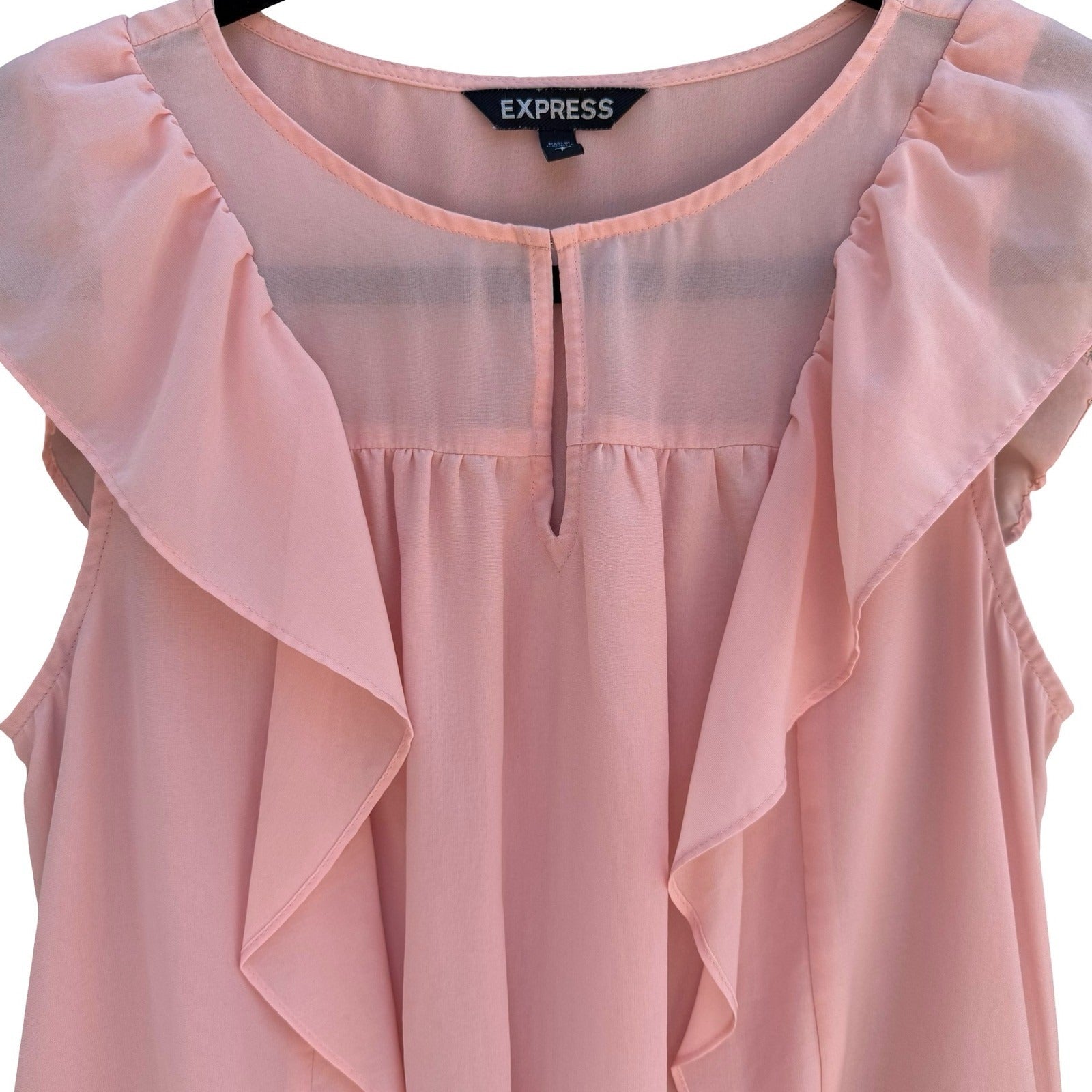 Express Pink Ruffle Flutter Sleeve Chiffon Blouse Keyhole Neck Top S Coquette