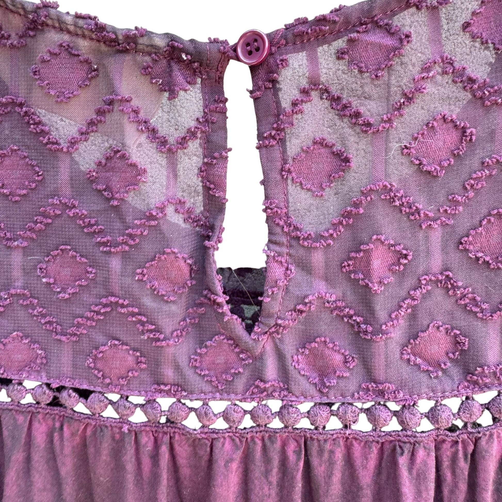 Sheryl Crow Purple Boho Lace Embroidered Detail Short Sleeve Button Back Top S