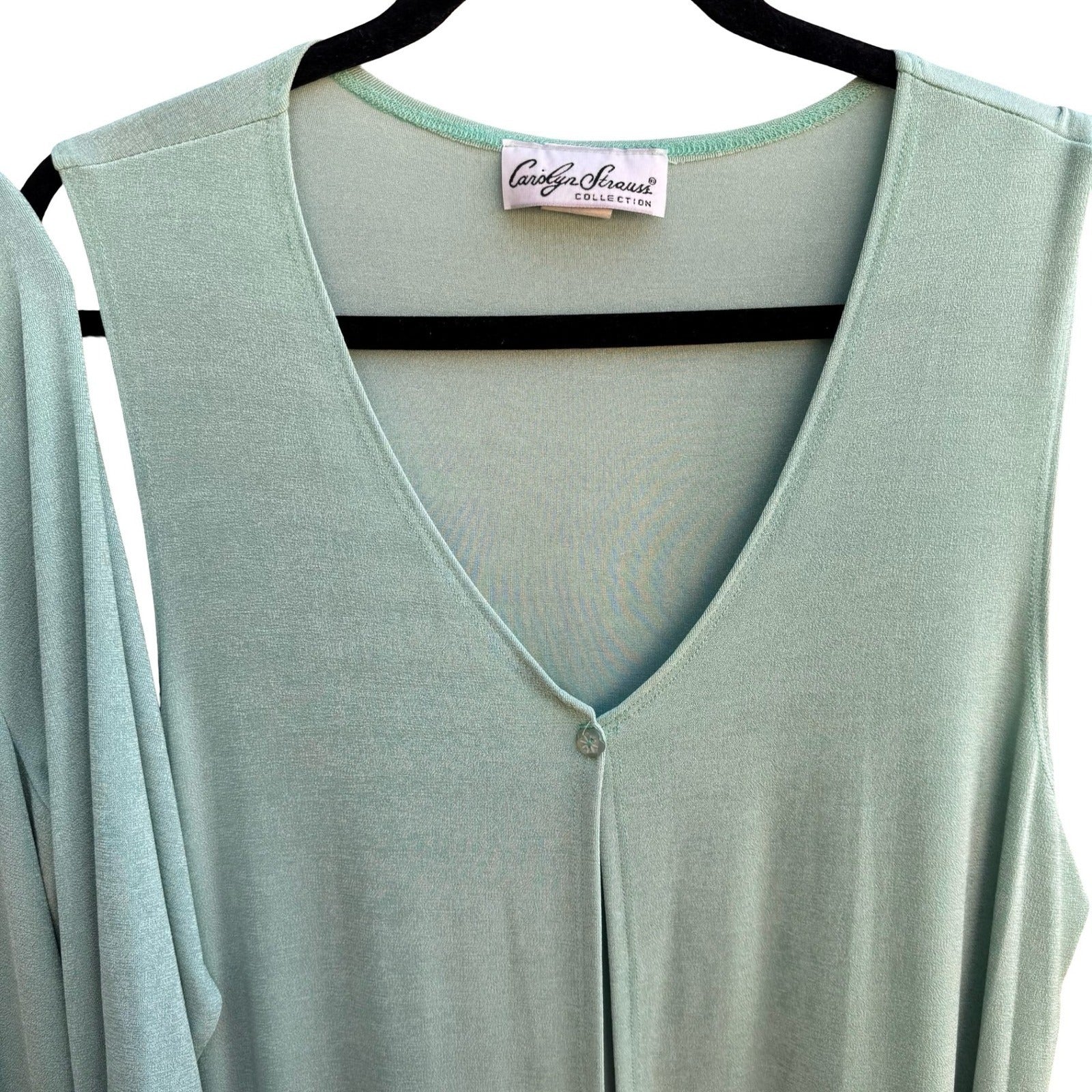 Carolyn Strauss Collection Minimalist Sage Green Shimmer Maxi Dress Vest Set L