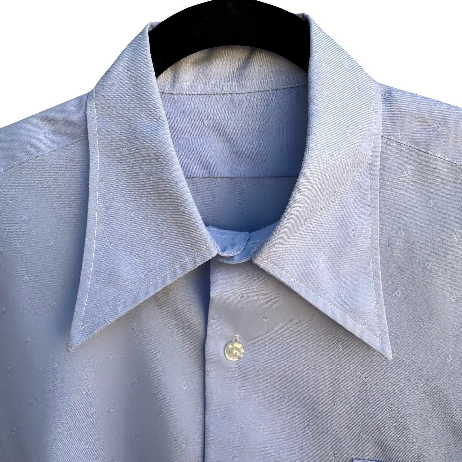 Vintage 70s Disco Dagger Collar Jacquard Shirt Pastel Blue Geometric Diamond L