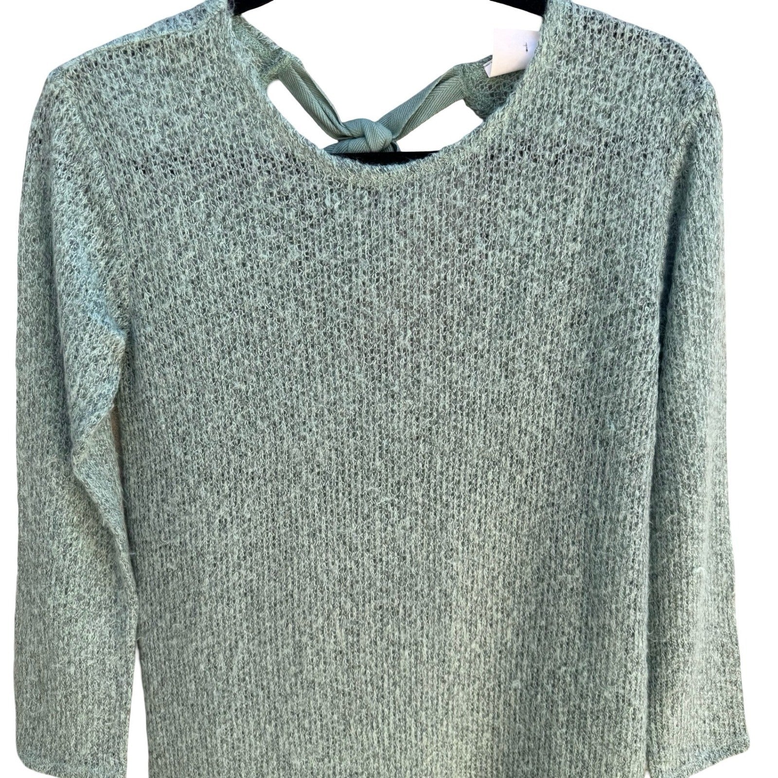 New Development Boho Fairycore Knit Sweater Crochet Lace Hem Bow Back Seafoam S
