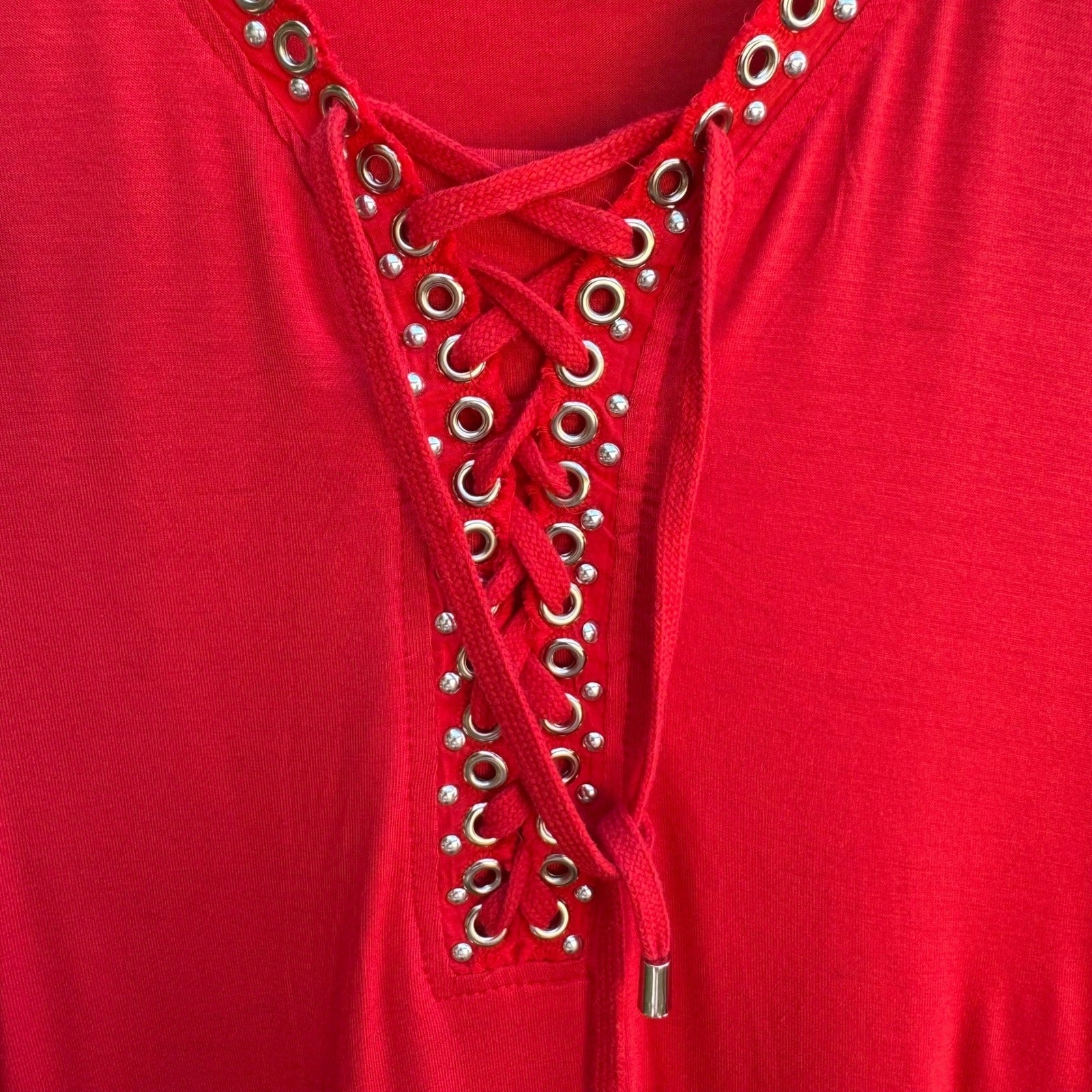 Onque Casual Nautical Sailor Girl Lace Up Grommet V-Neck Tunic Tomato Red 1X NWT