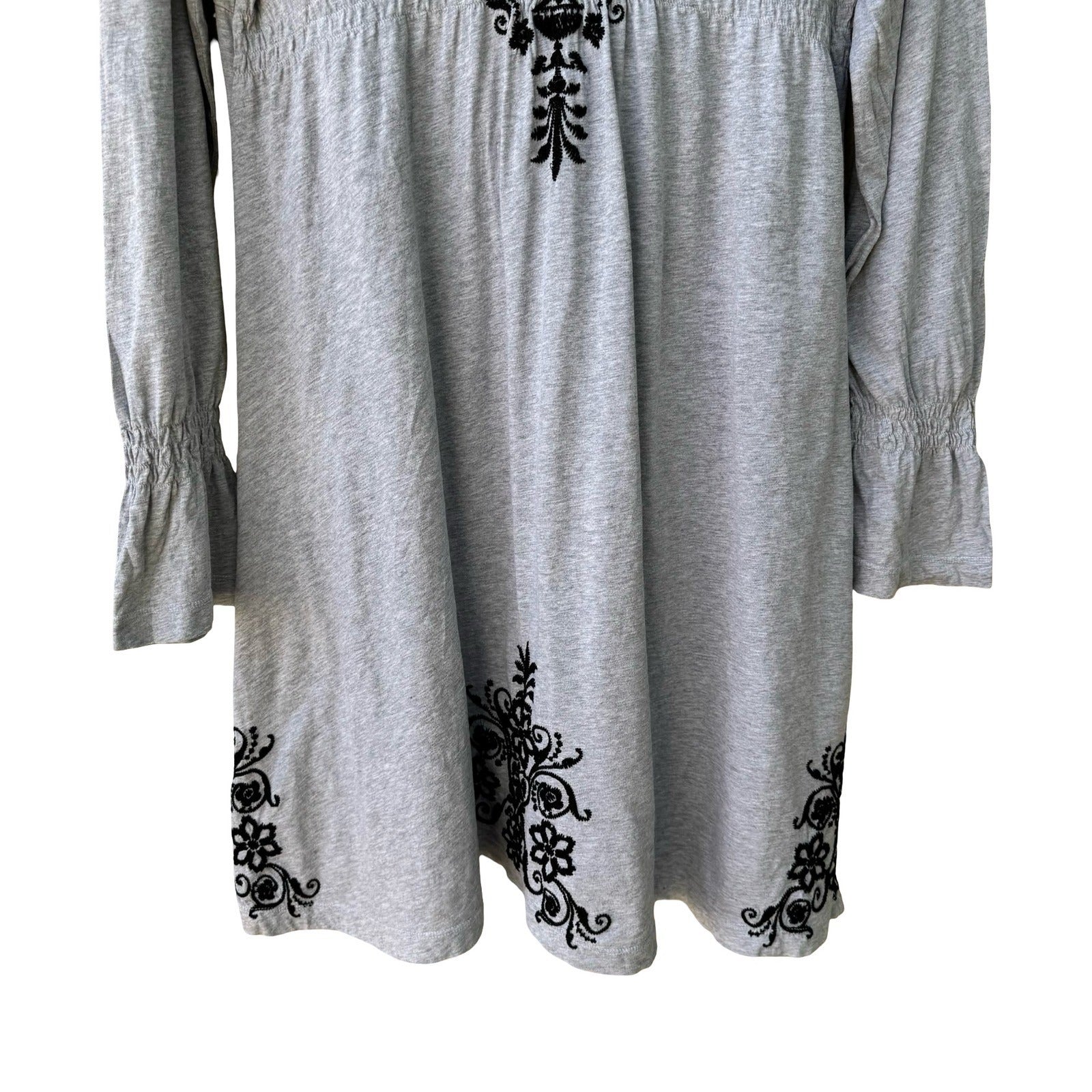 JWLA Johnny Was Embroidered V-Neck Empire Waist Tunic Dress Boho Mini Grey XL