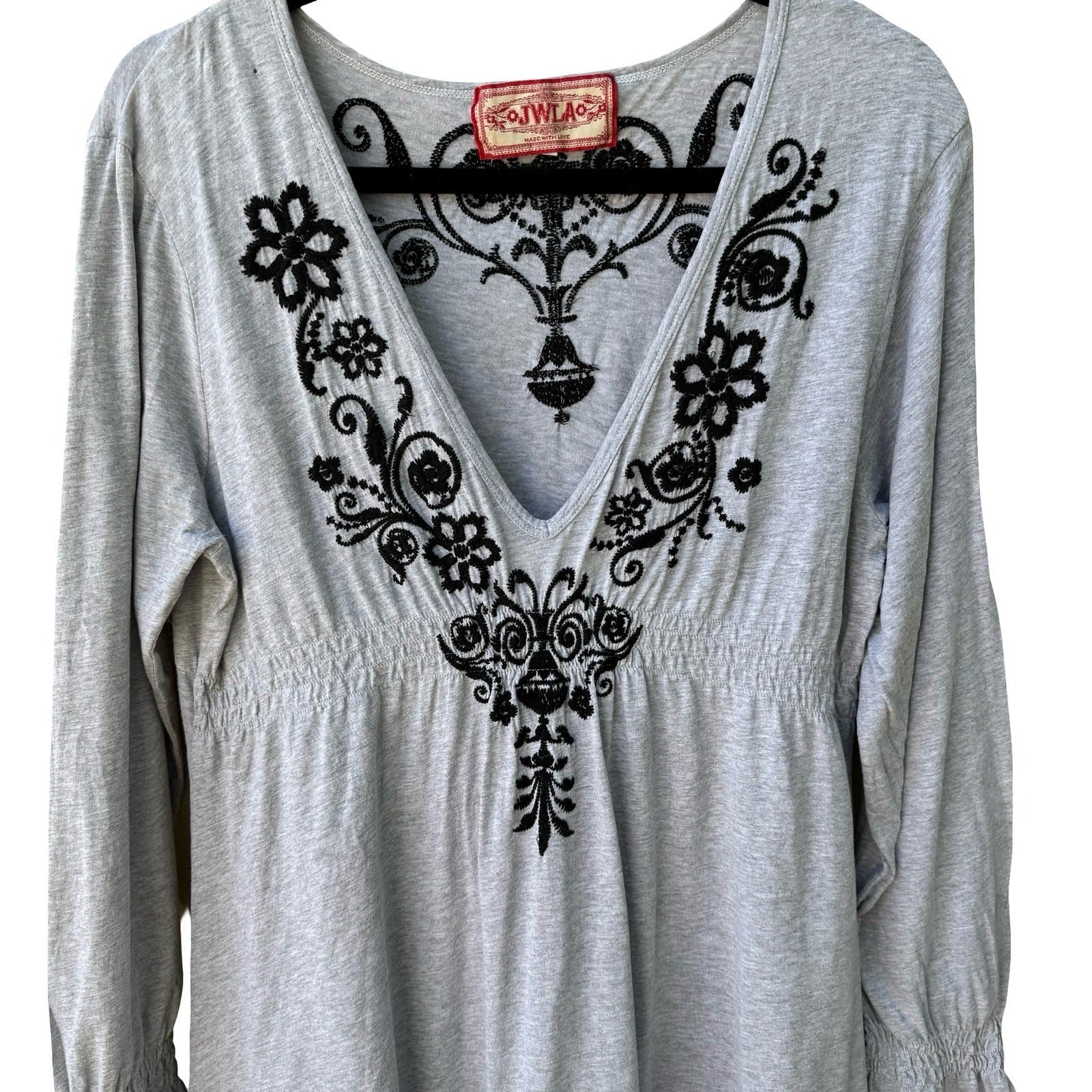 JWLA Johnny Was Embroidered V-Neck Empire Waist Tunic Dress Boho Mini Grey XL