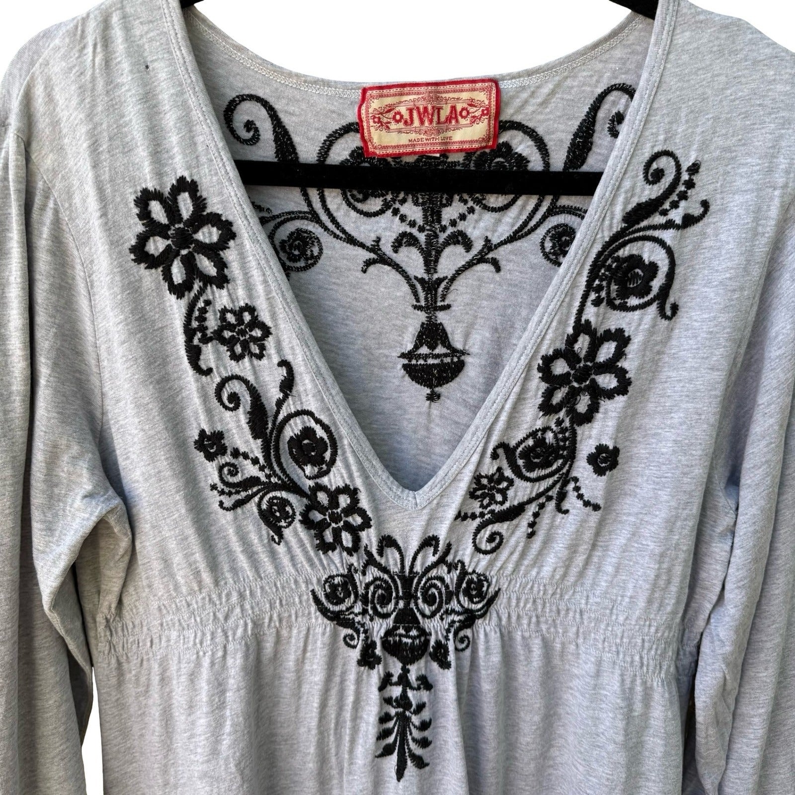 JWLA Johnny Was Embroidered V-Neck Empire Waist Tunic Dress Boho Mini Grey XL