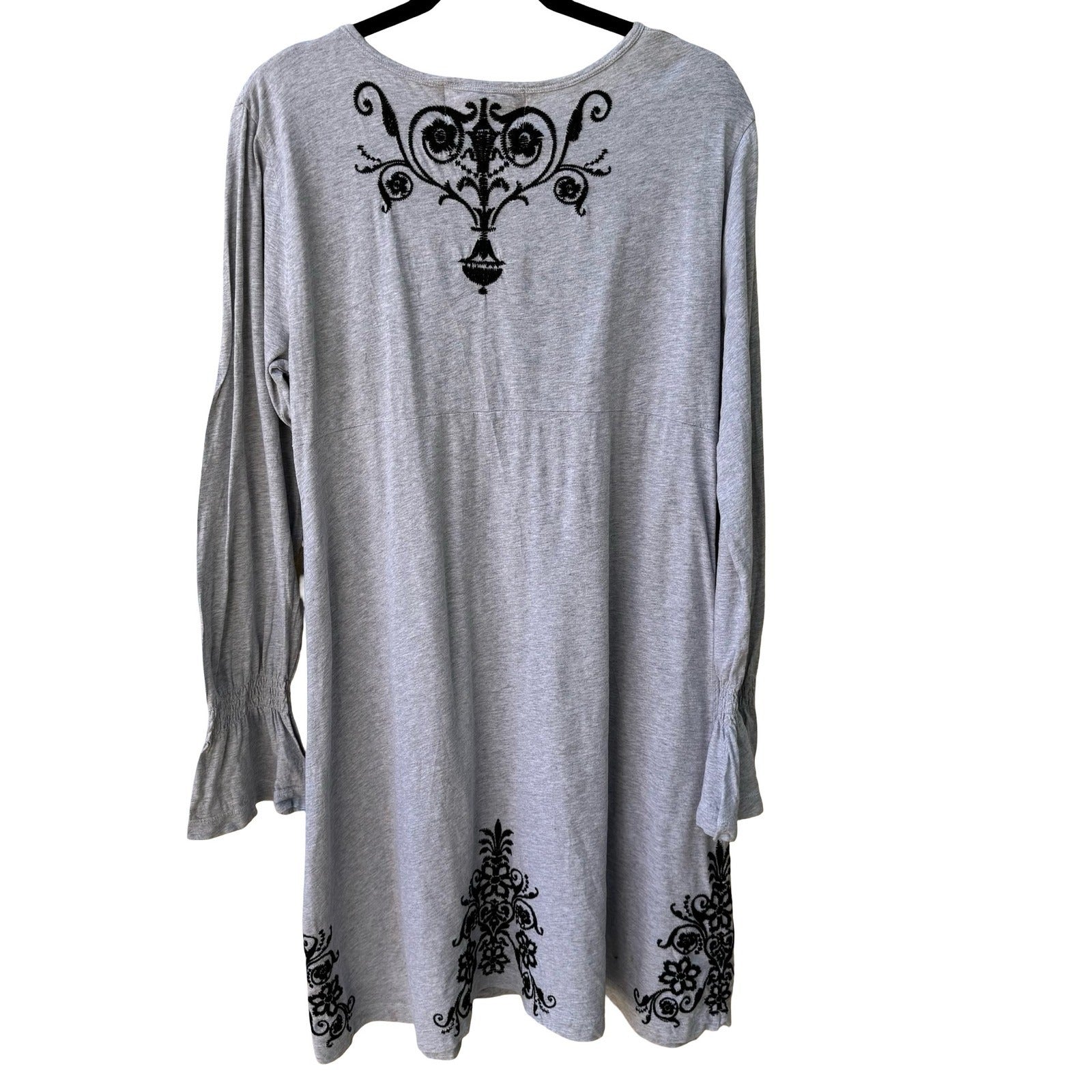 JWLA Johnny Was Embroidered V-Neck Empire Waist Tunic Dress Boho Mini Grey XL