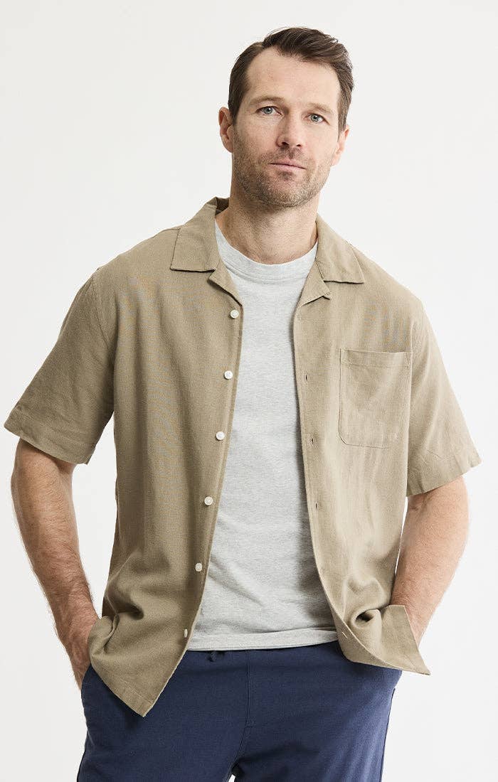 Linen Blend Short Sleeve Camp Shirt: STONE / 2XL