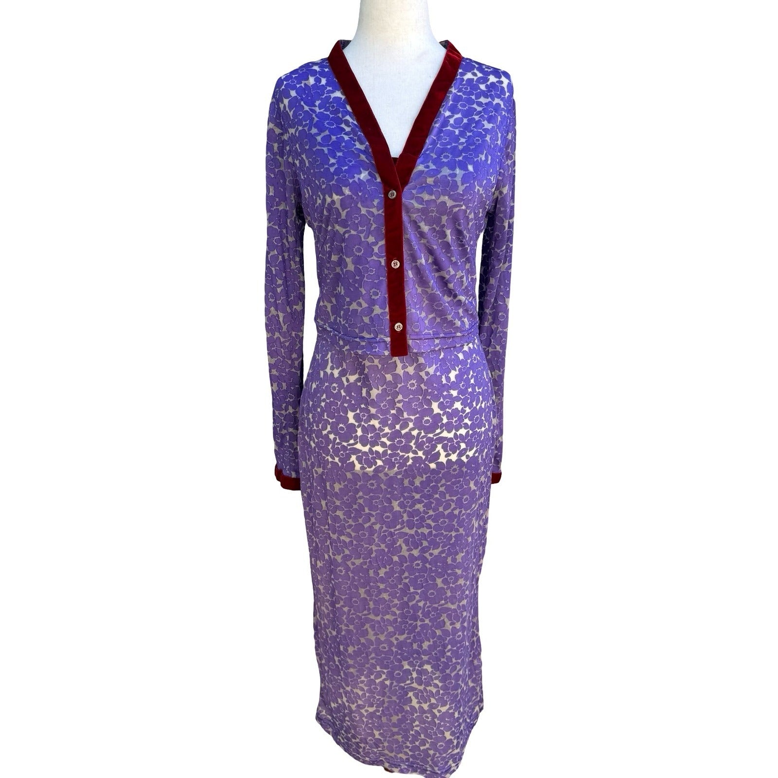 IS Y2K 90s Devore Dark Floral Burnout Velvet Romantic Dress Cardigan Whimsigoth