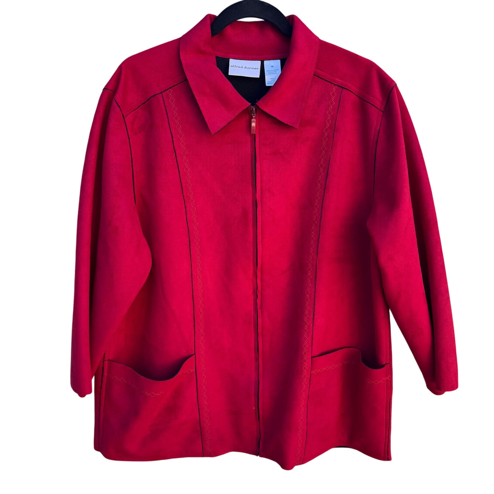 Alfred Dunner Faux Suede Raw Edge Red Zip Front Pocket Western Jacket Womens 16