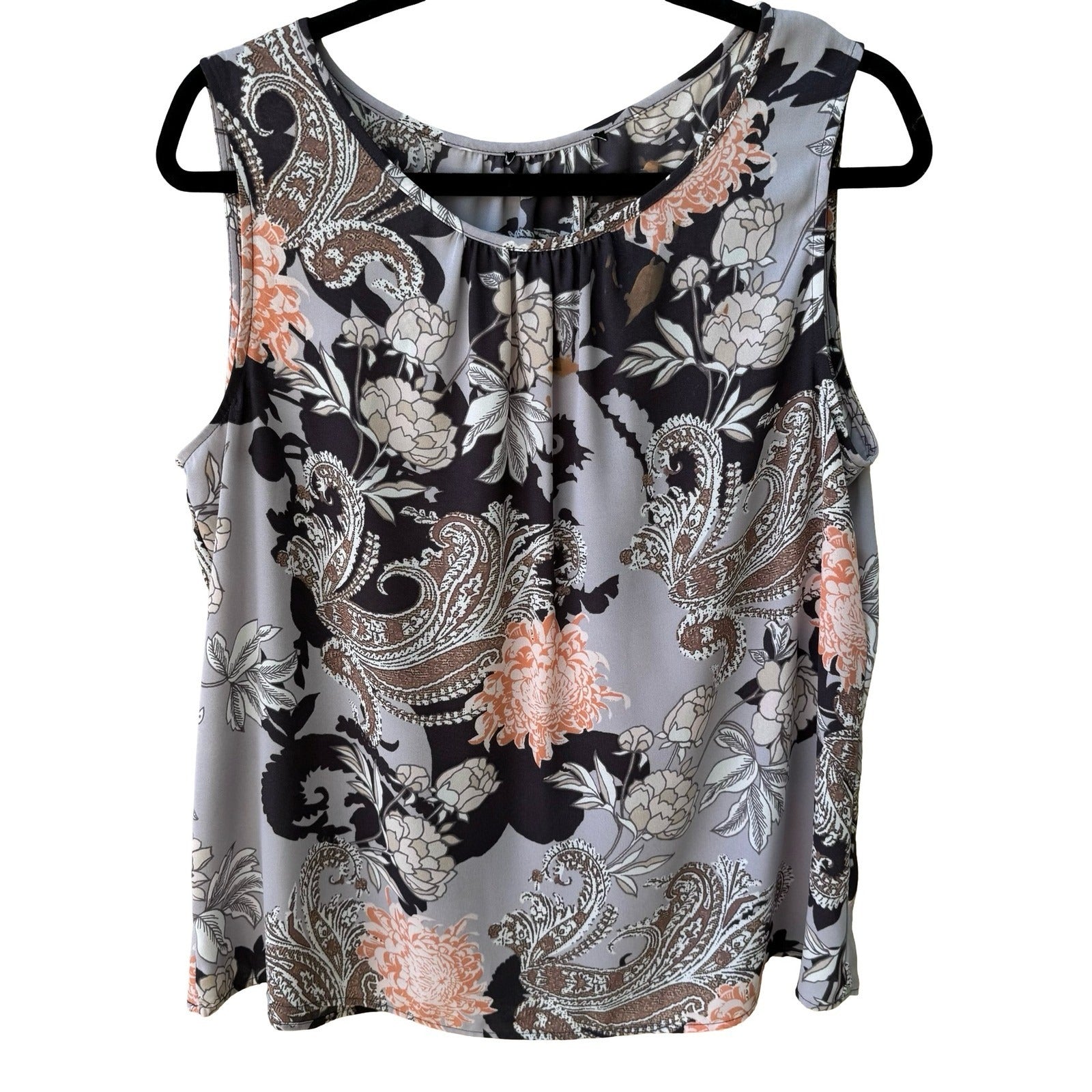 Kasper Boho Flowy Paisley Floral Sleeveless Gathered Neck Blouse Layering L