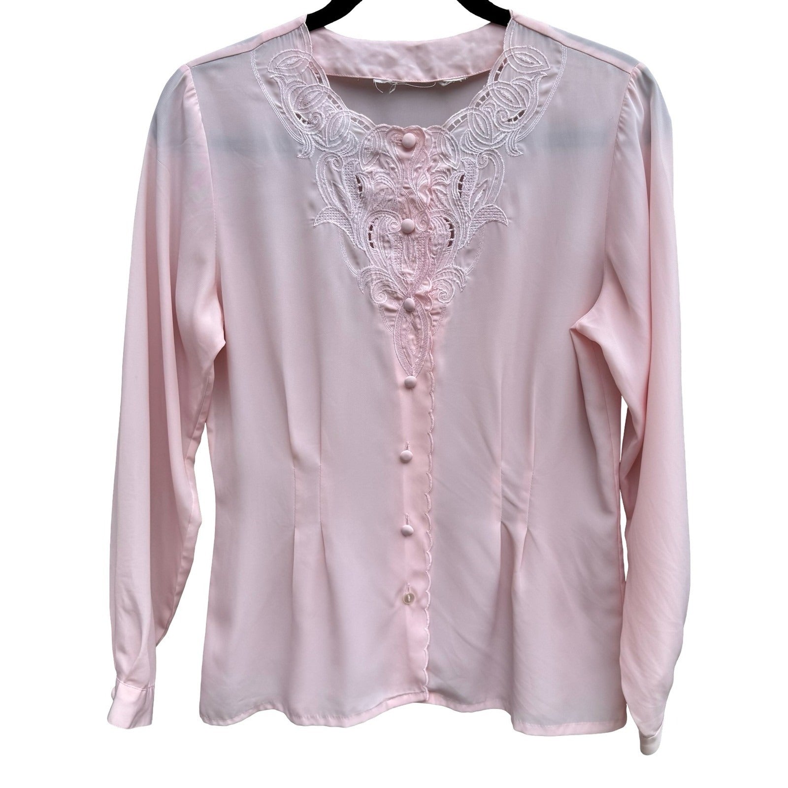 Vintage Pastel Pink Embroidered Lace Blouse Long Sleeve Romantic Pintuck Top