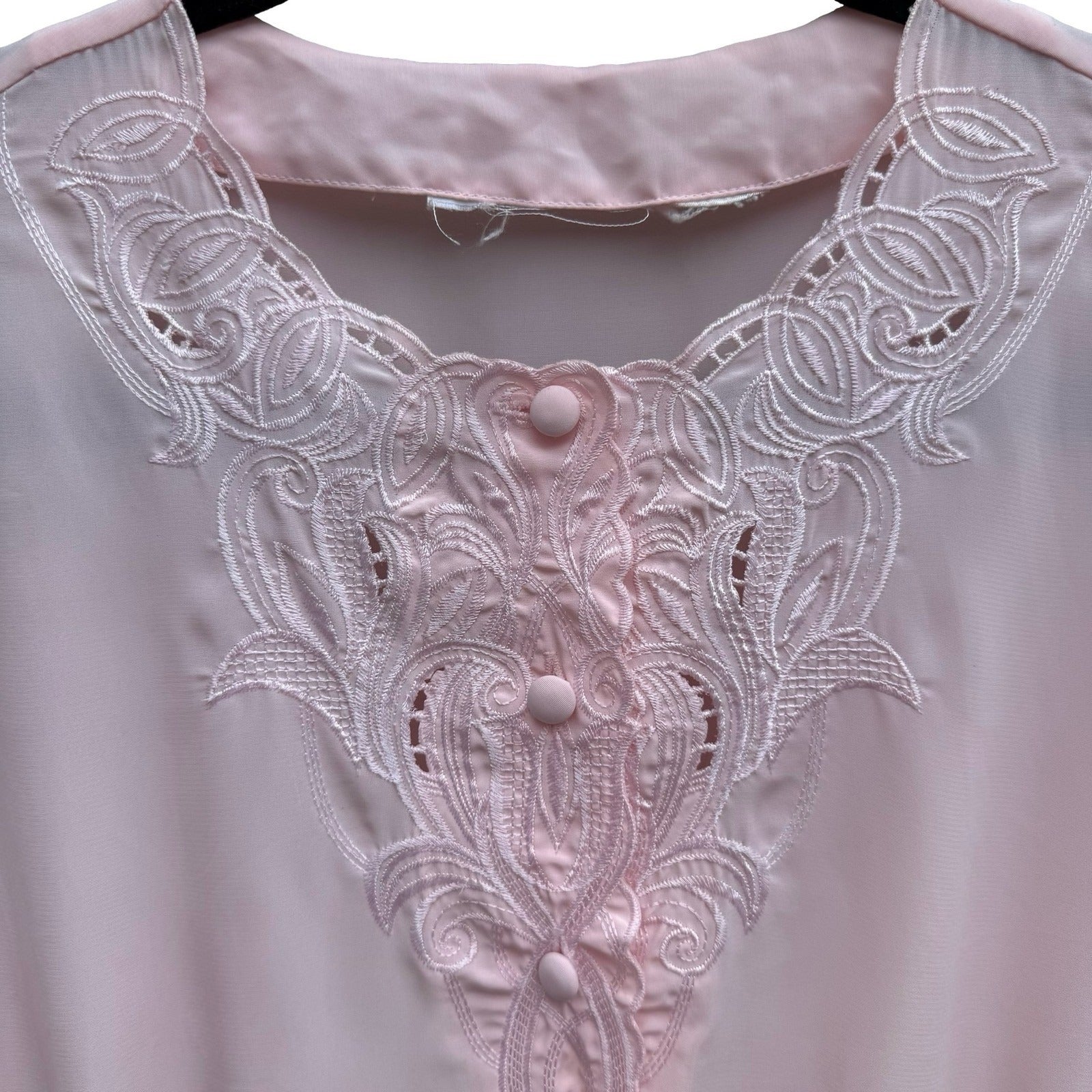 Vintage Pastel Pink Embroidered Lace Blouse Long Sleeve Romantic Pintuck Top