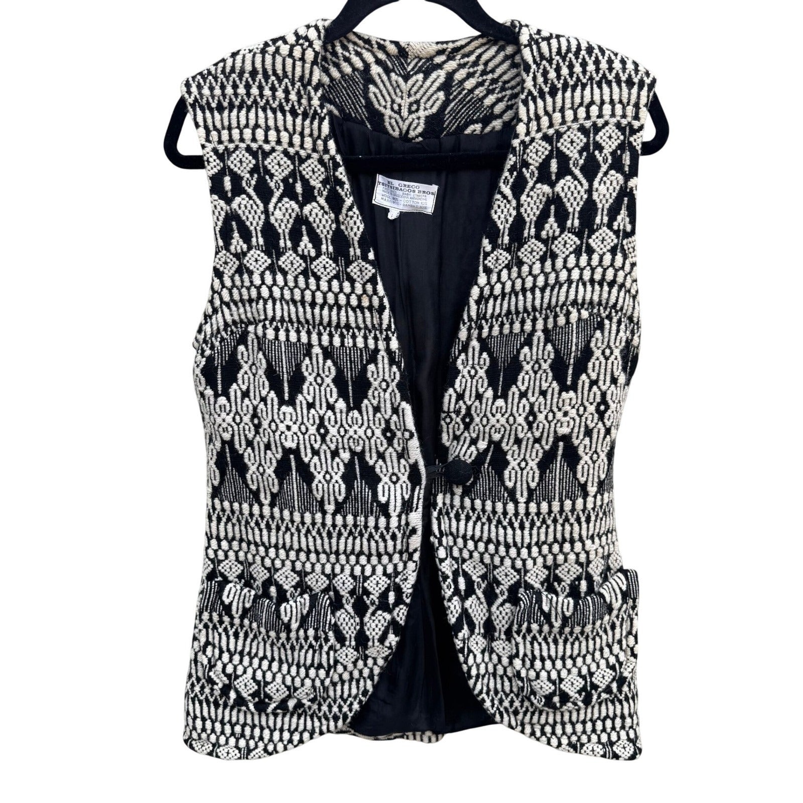 El Greco Tsitsibacos Bros Vintage Wool Greek Pattern Vest Black White Bohemian