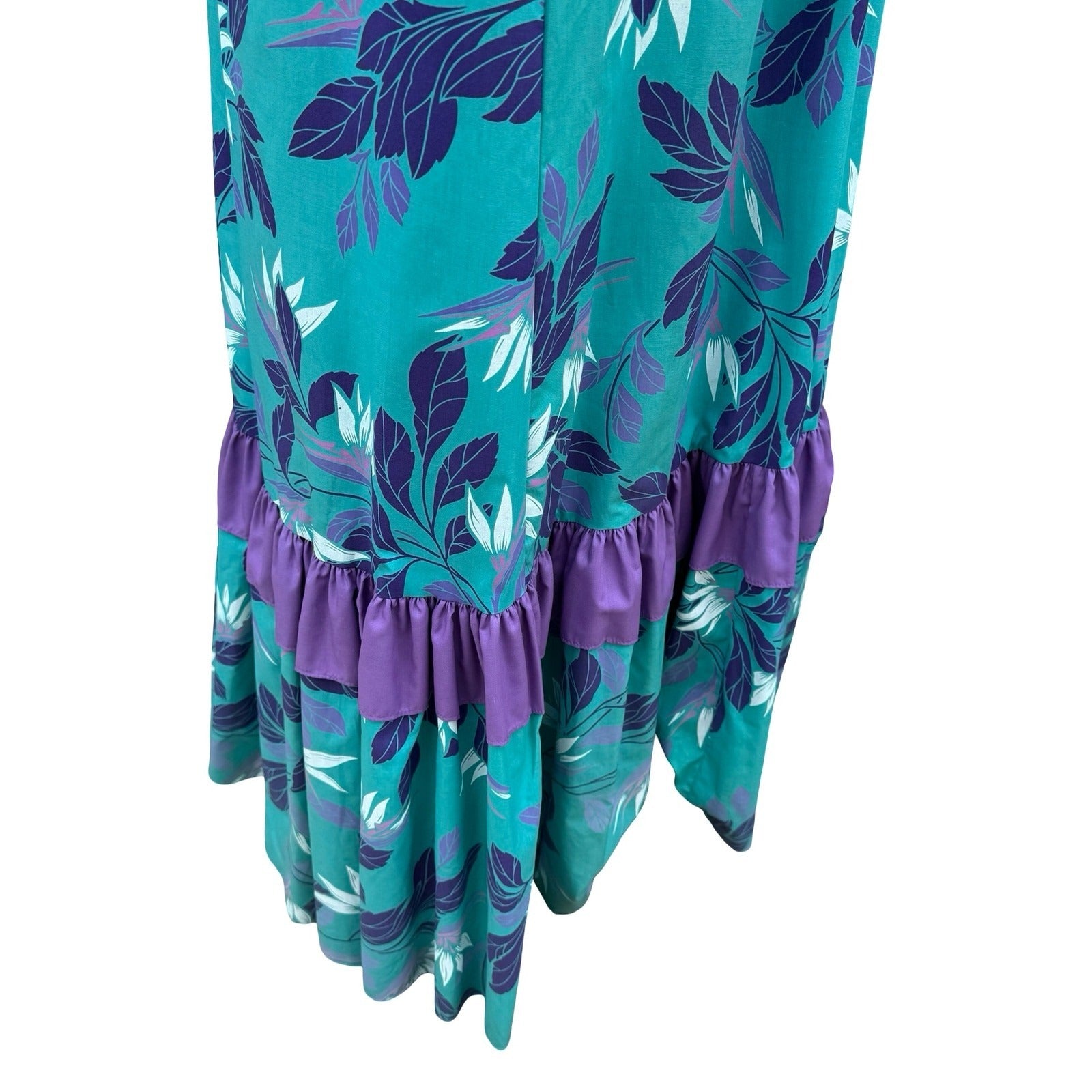 Hilo Hattie Teal Purple Floral Ruffle Muumuu Maxi Dress Made in Hawaii 676 Sze 6