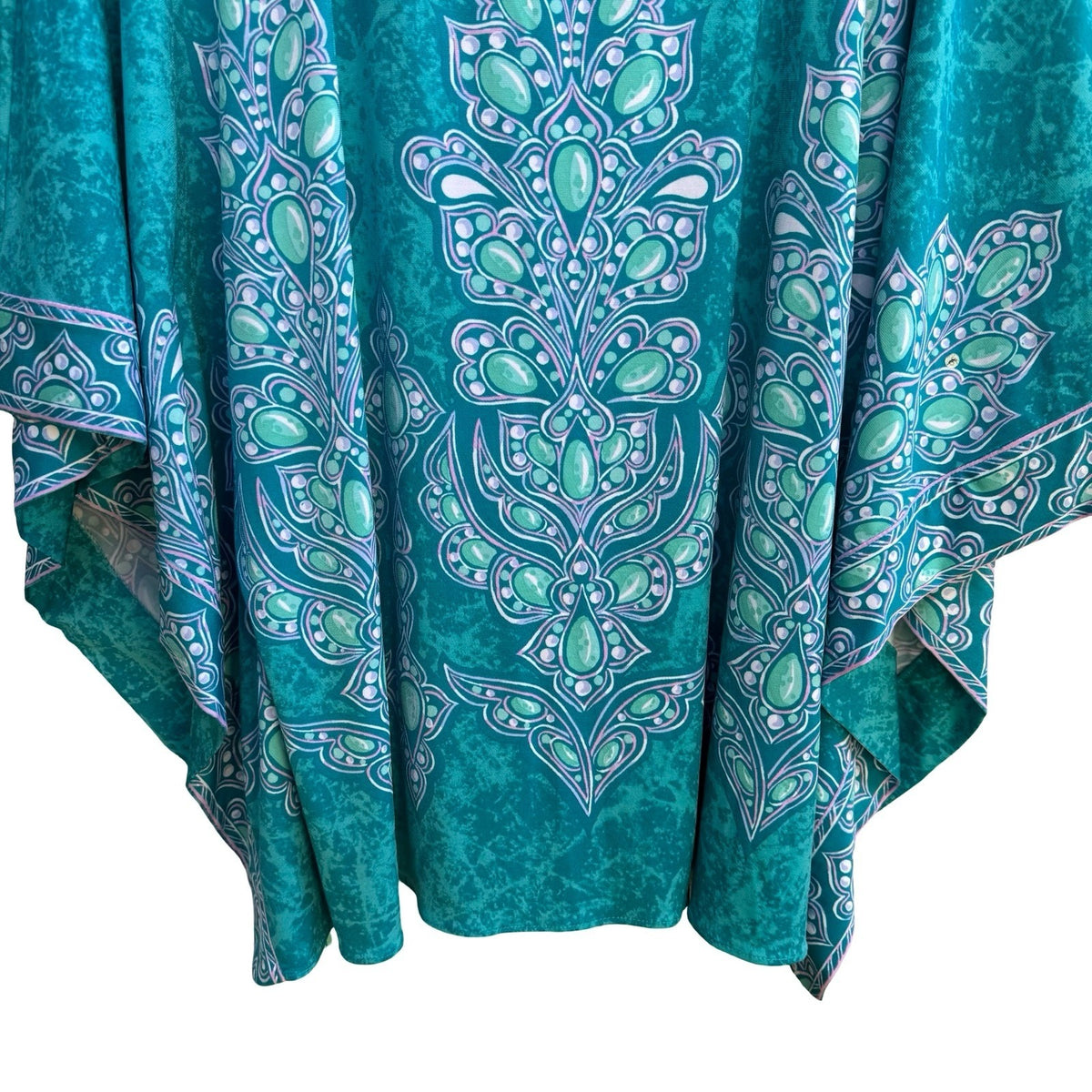 Bob Mackie Wearable Art Boho Resortwear Teal Paisley Kimono Sleeve Kaftan Top M