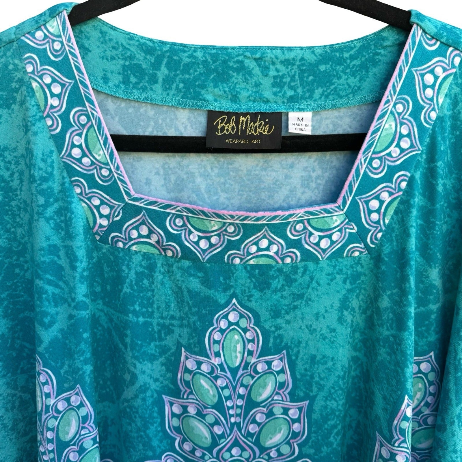 Bob Mackie Wearable Art Boho Resortwear Teal Paisley Kimono Sleeve Kaftan Top M
