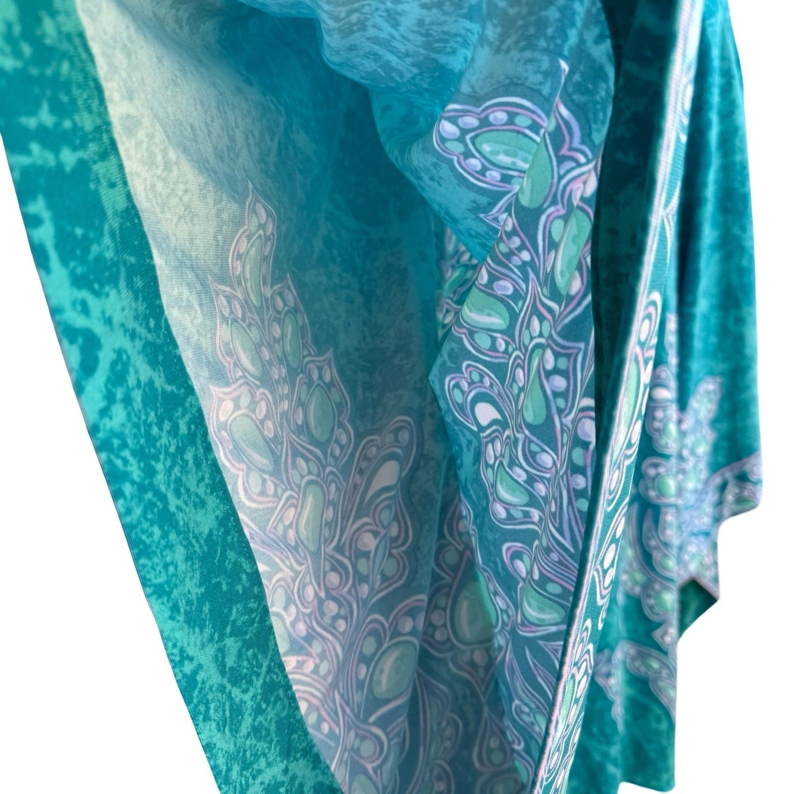 Bob Mackie Wearable Art Boho Resortwear Teal Paisley Kimono Sleeve Kaftan Top M