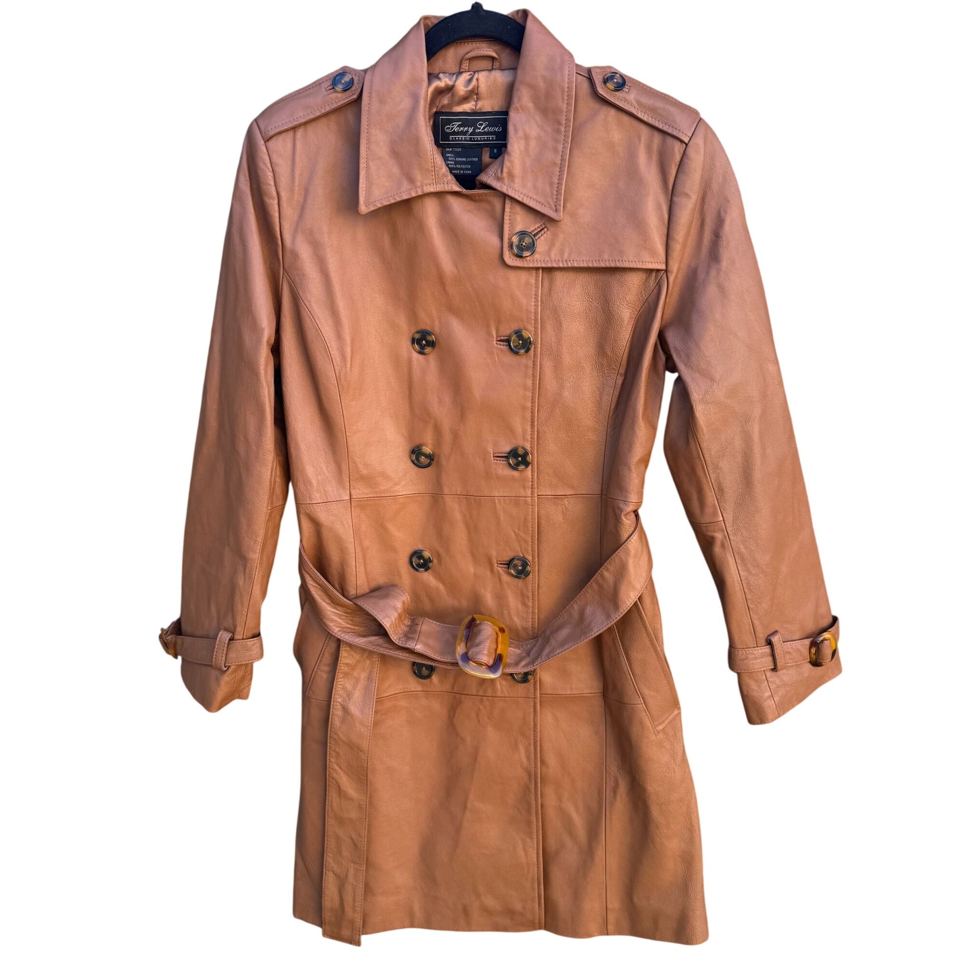 Terry Lewis Vintage Womens Leather Brown Double-Breasted Belted Trench Coat S
