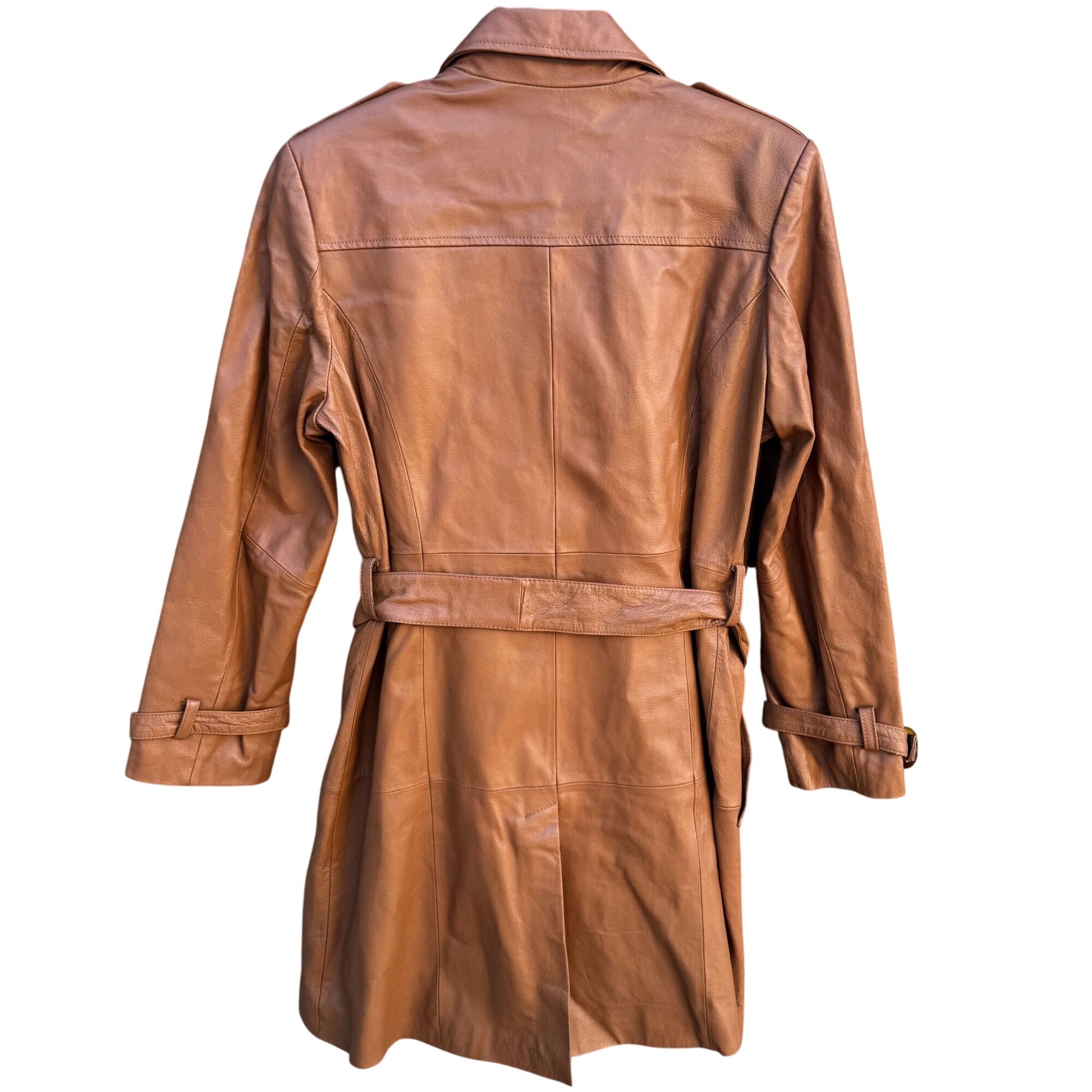 Terry Lewis Vintage Womens Leather Brown Double-Breasted Belted Trench Coat S