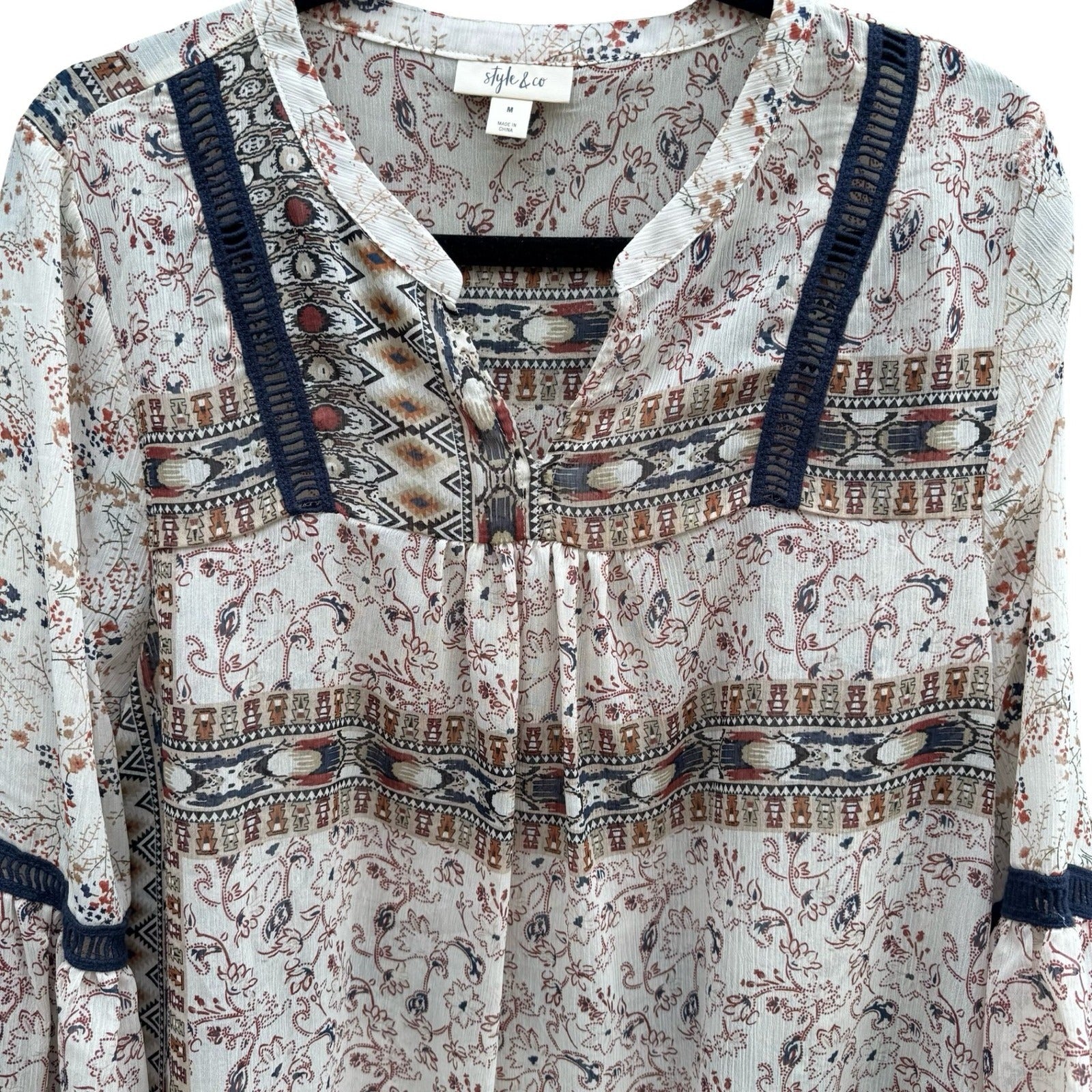 Style & Co Boho Crochet Paisley Bell Sleeve Peasant Blouse Festival Airy Women M