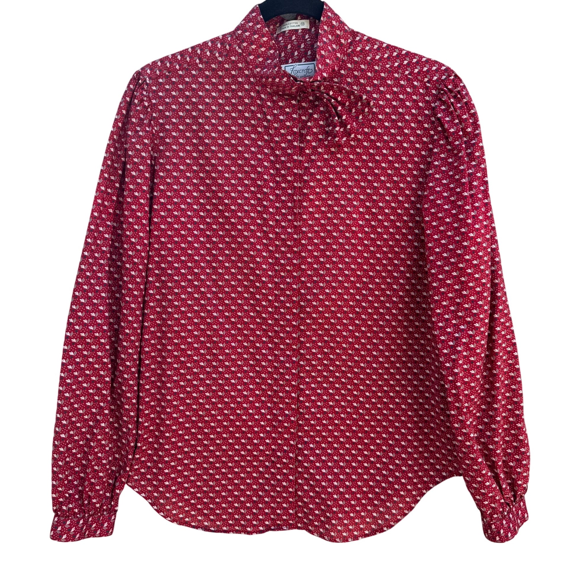 Foxcroft Vintage Womens Red White Button-Up Bow Detail Balloon Sleeve Blouse