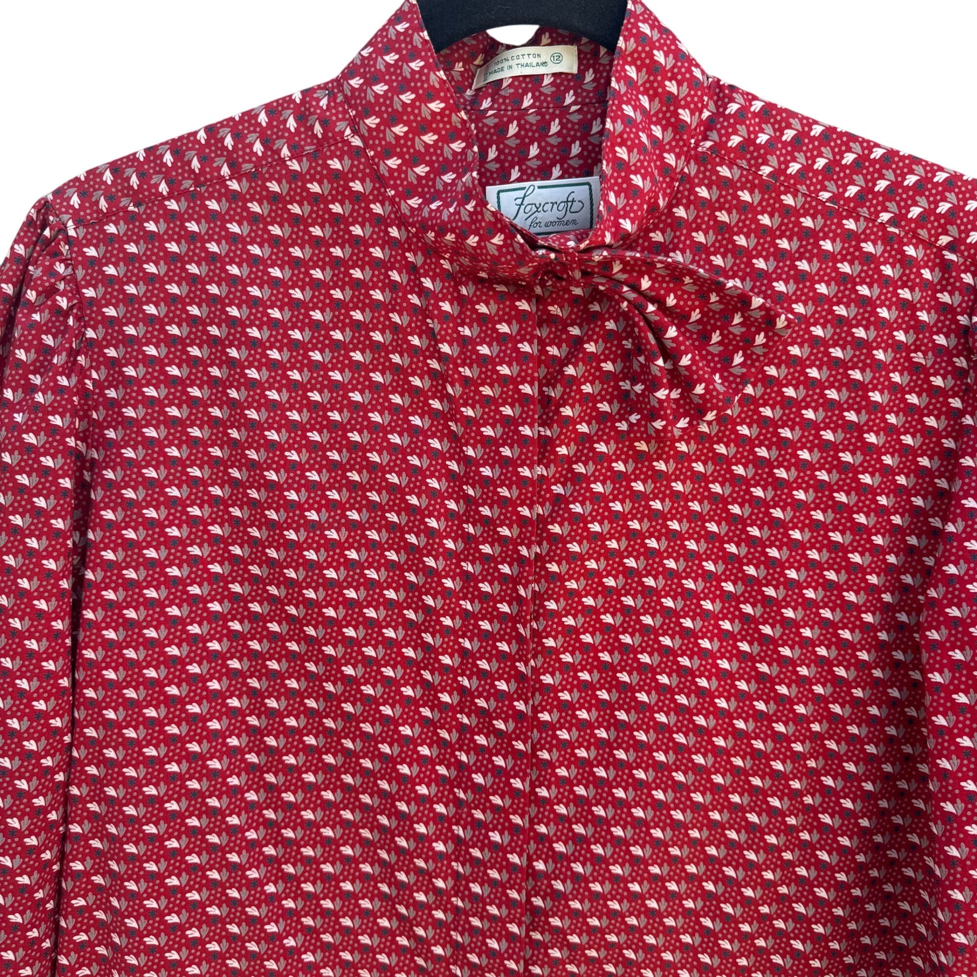 Foxcroft Vintage Womens Red White Button-Up Bow Detail Balloon Sleeve Blouse