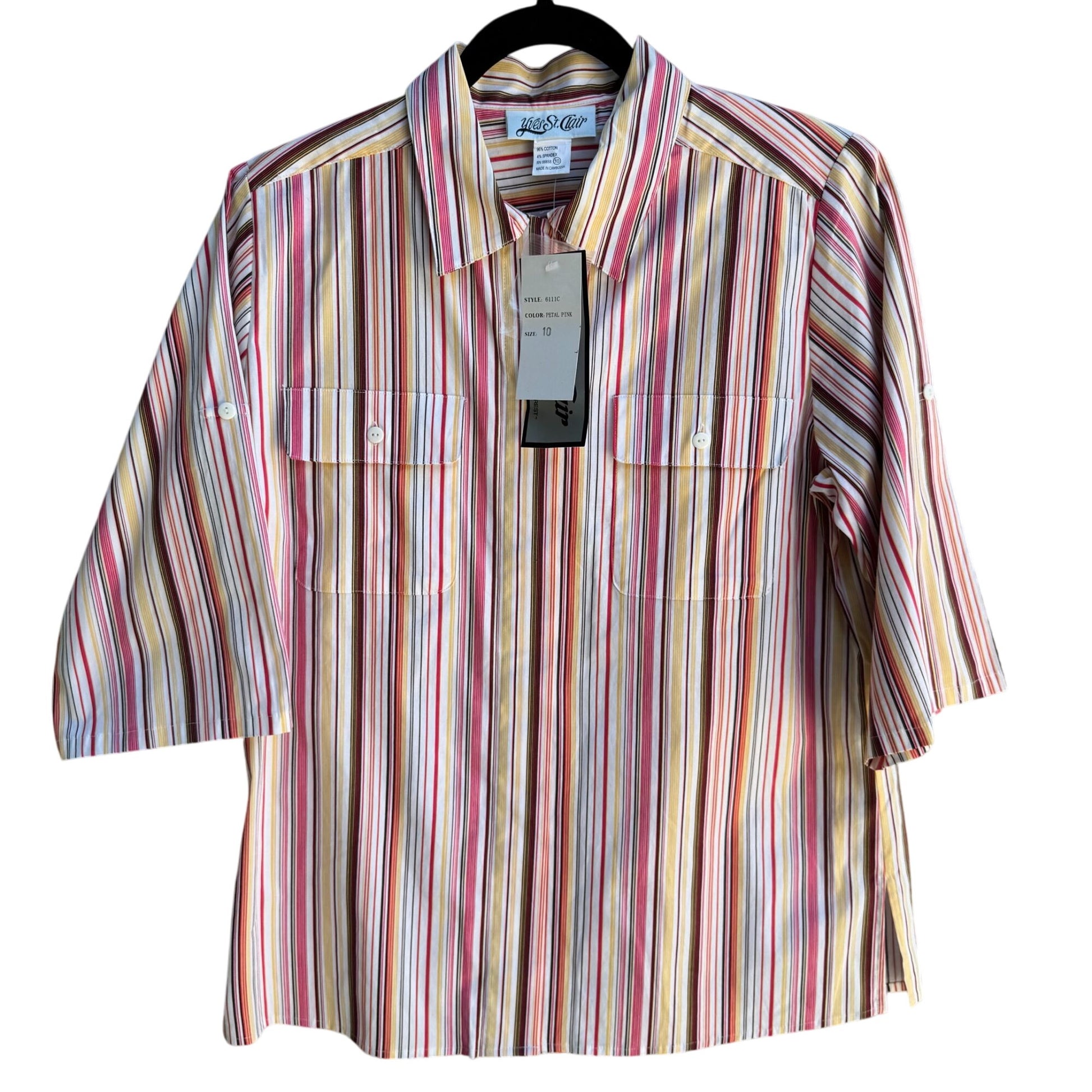 Yves St Clair Womens Pink Striped Short Sleeve Roll Tab Button-Up Stretch Shirt
