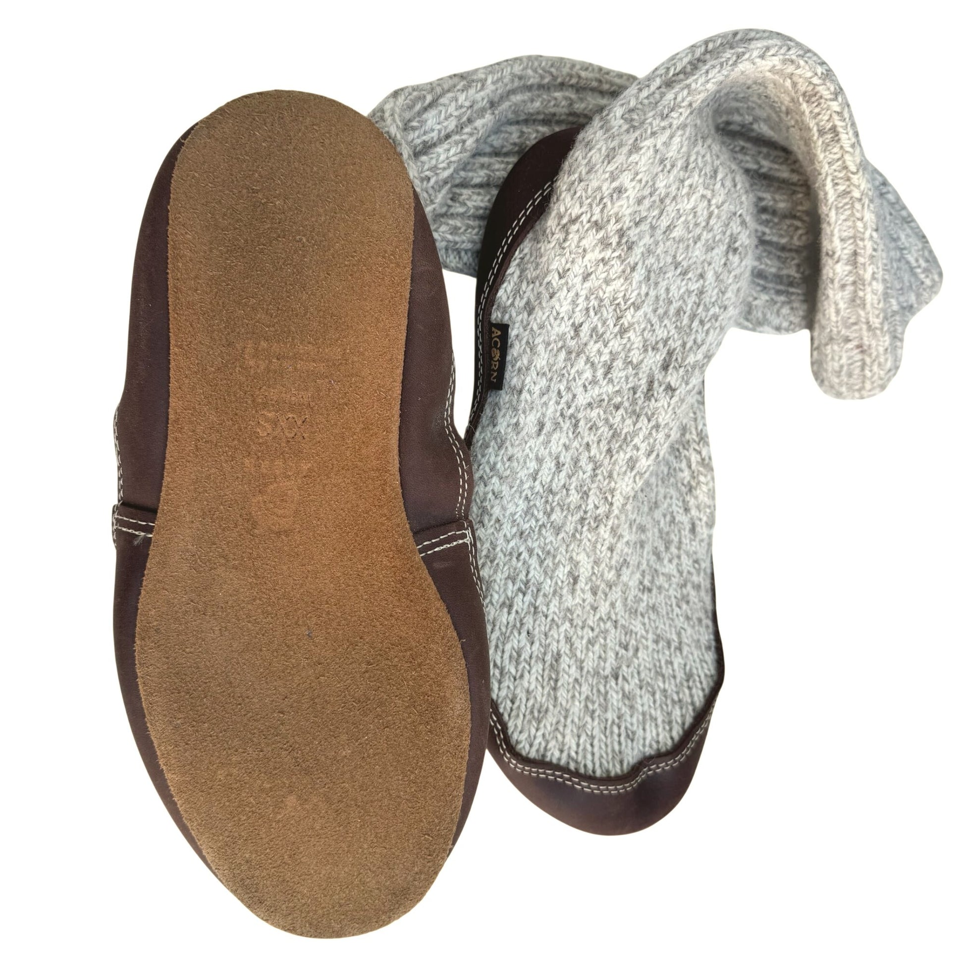 Acorn Original Slipper Socks Grey Ragg Wool-Blend XXS Leather Sole Cloud Cushion