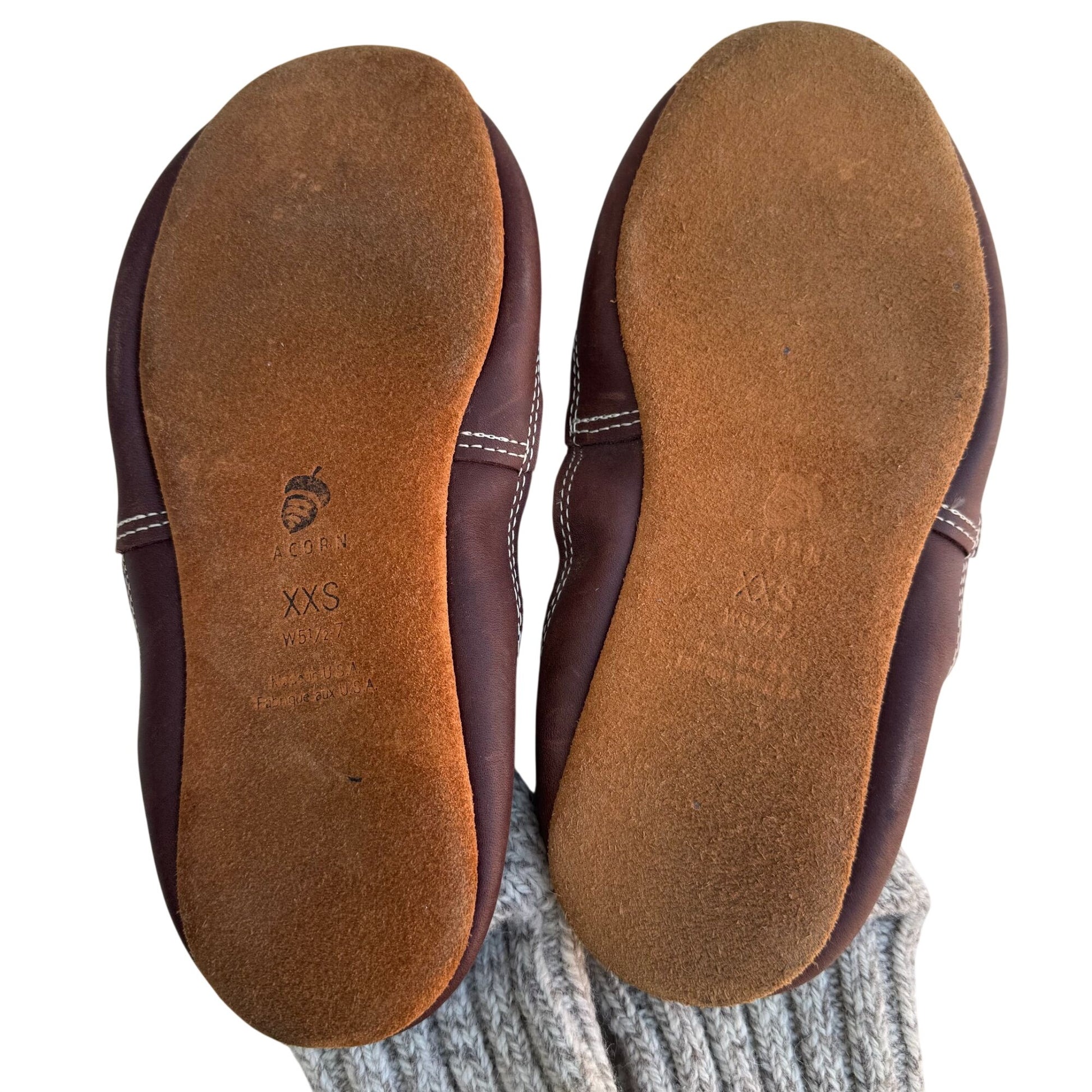 Acorn Original Slipper Socks Grey Ragg Wool-Blend XXS Leather Sole Cloud Cushion