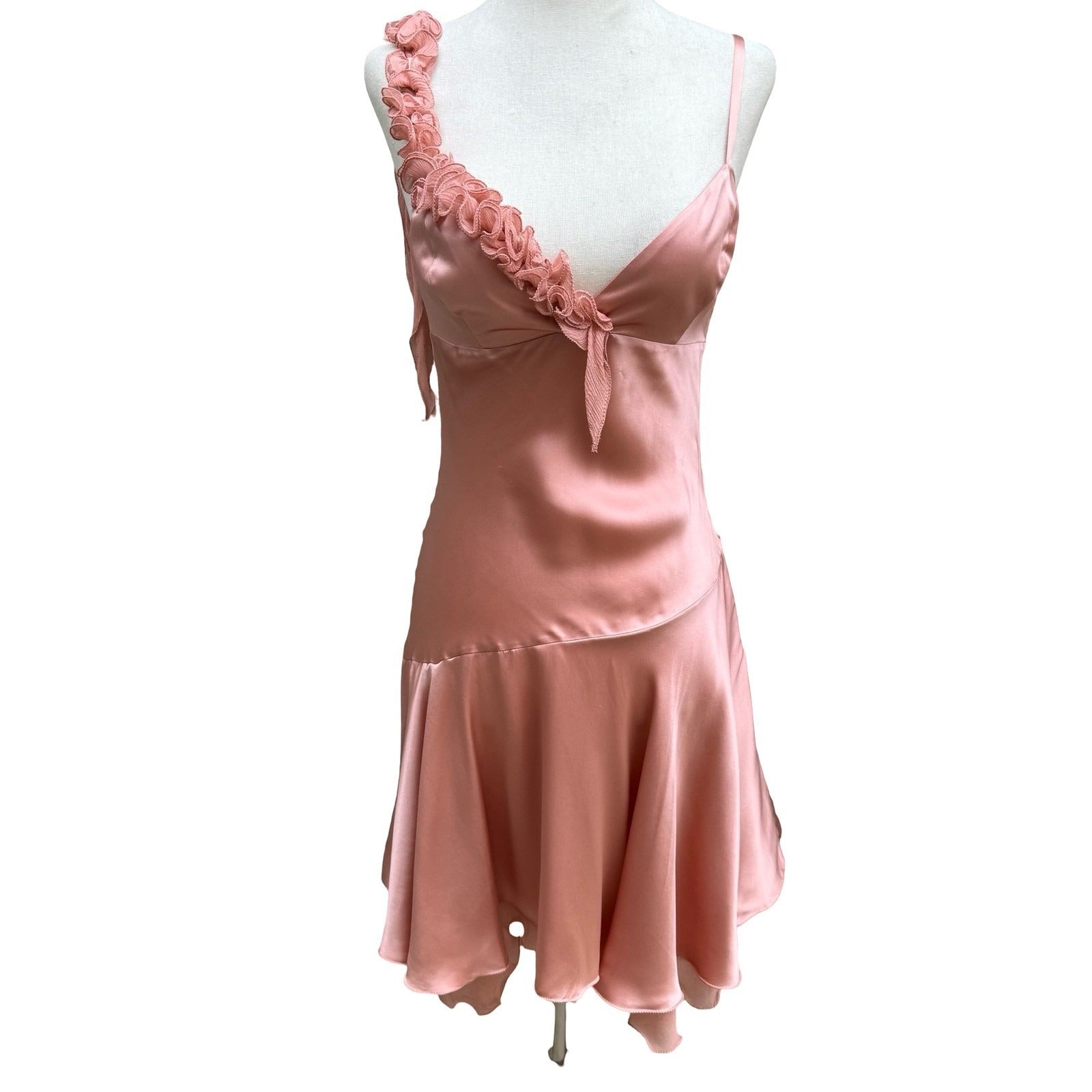 BGN First Y2K 100% Silk Coquette Ruffle Asymmetric Hem Fairy Slip Dress 4 NEW