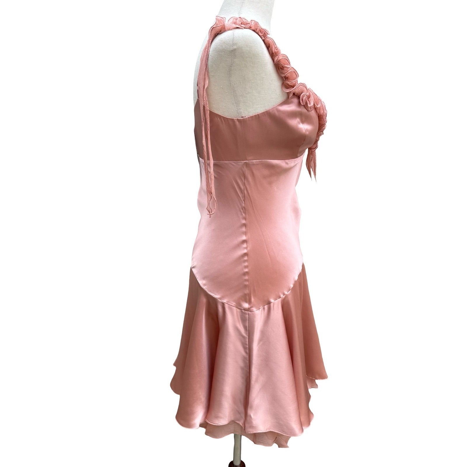BGN First Y2K 100% Silk Coquette Ruffle Asymmetric Hem Fairy Slip Dress 4 NEW