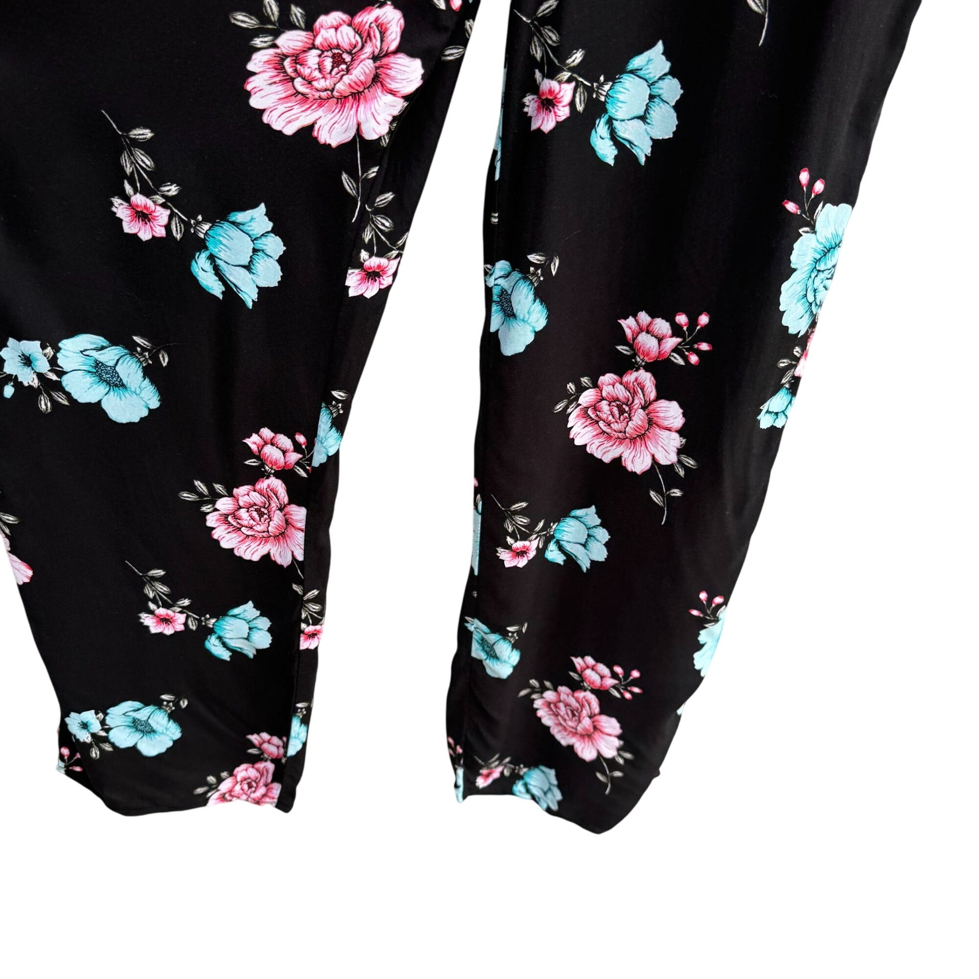 Y2K Black Floral Festival Sleeveless Spaghetti Straps Knot Detail Flowy Jumpsuit