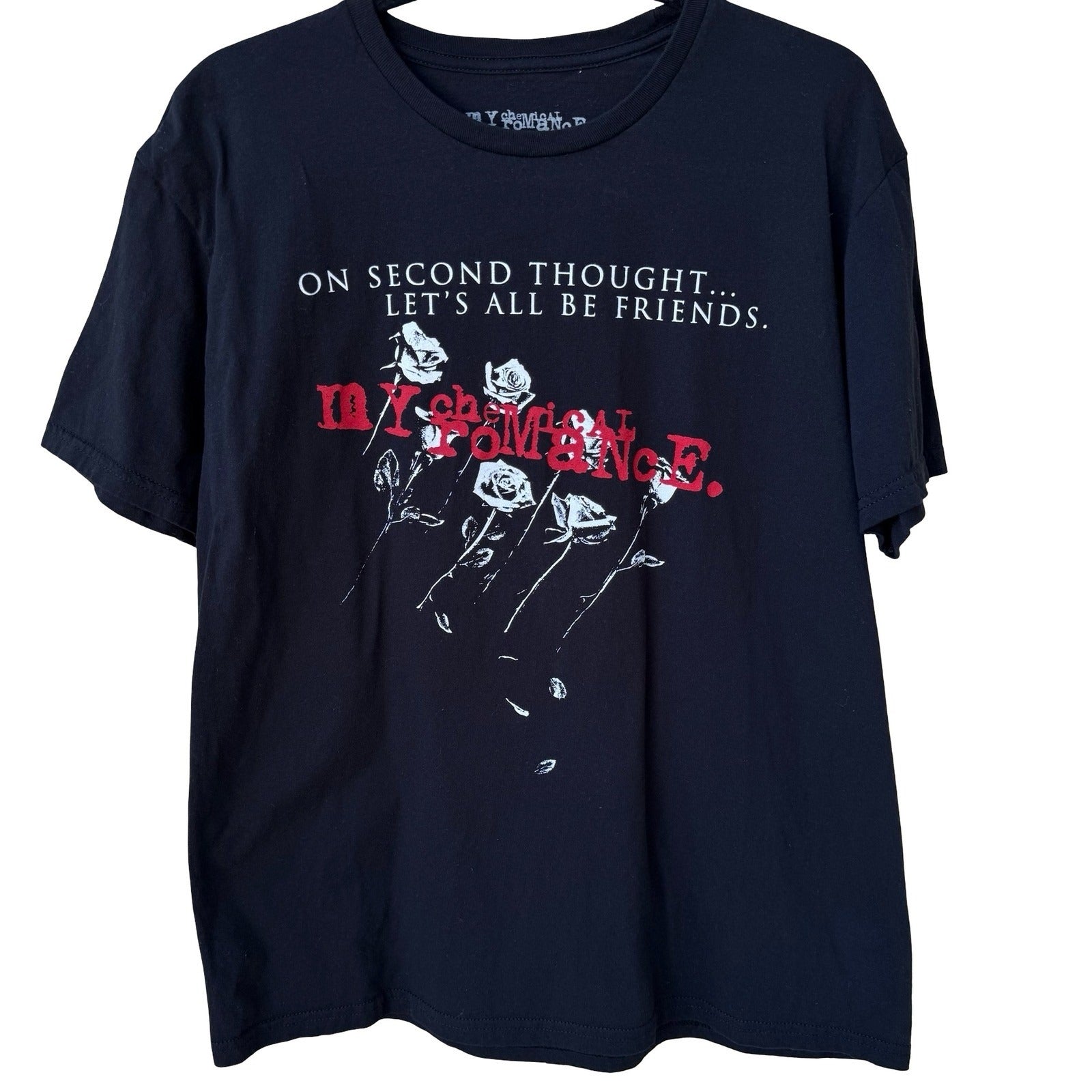 My Chemical Romance MCR Black Graphic T-Shirt Let's All Be Friends Roses L Emo