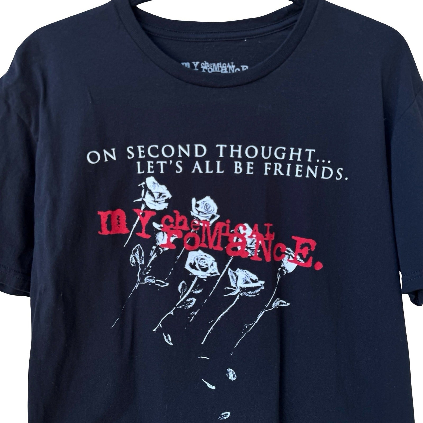 My Chemical Romance MCR Black Graphic T-Shirt Let's All Be Friends Roses L Emo