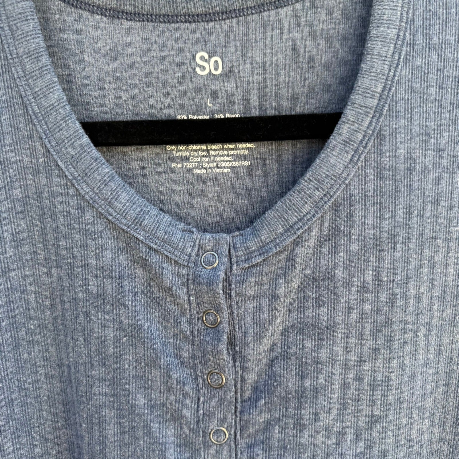 So Ribbed Henley Top Minimalist Snap Button Loungewear Layering Weekend Blue L