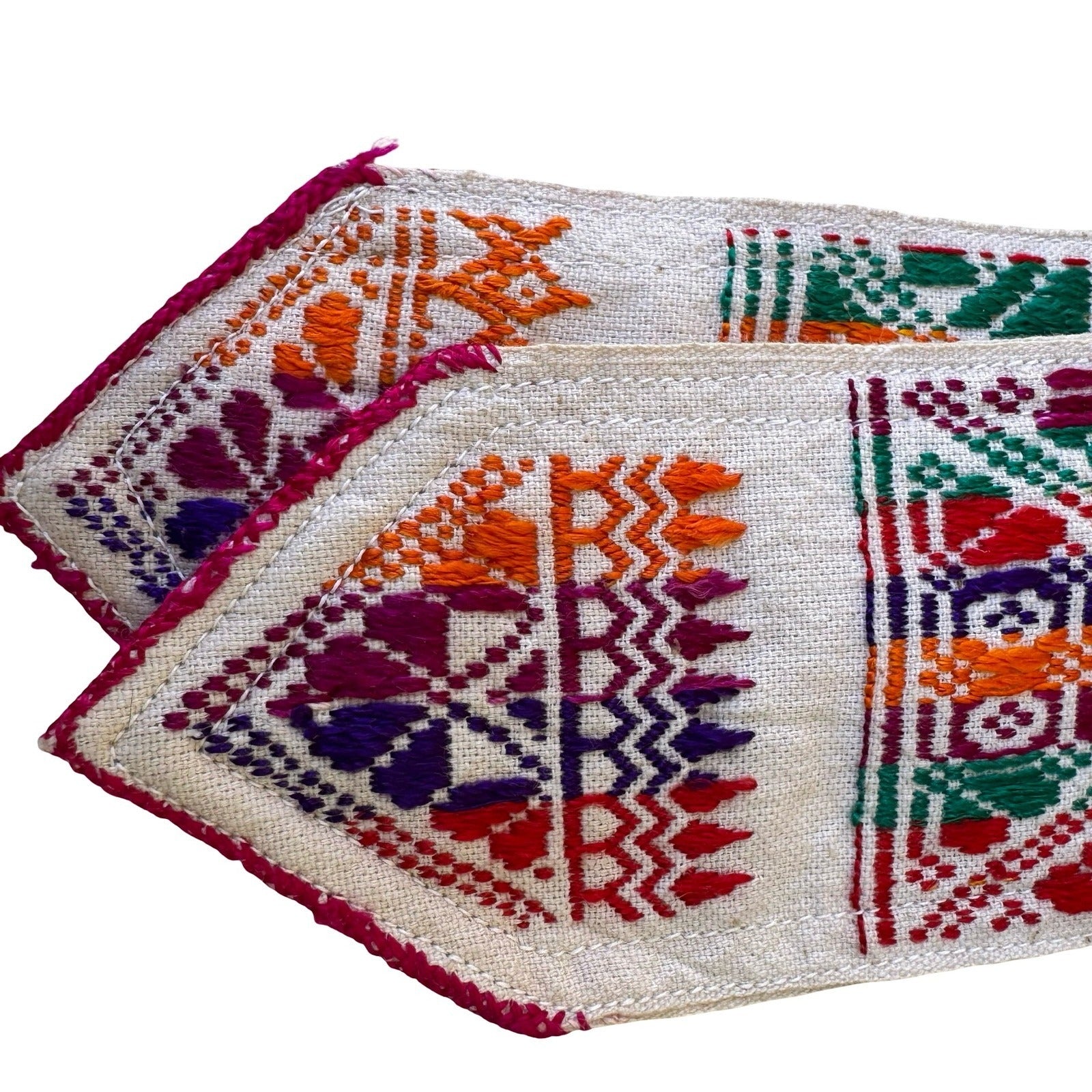 Hand Embroidered Huipil Mayan Geometric Folk Art Sash Belt Blue Boho Tribal