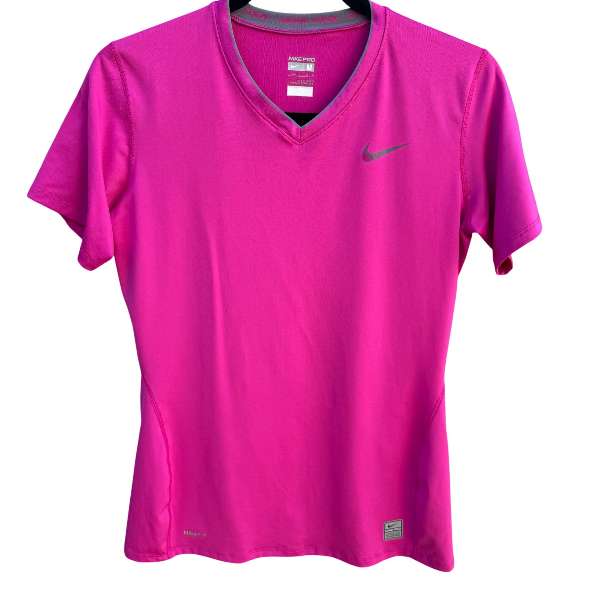 Nike Pro Womens Pink Workout V-Neck Dri-Fit Compression Athletic Workout Shirt M