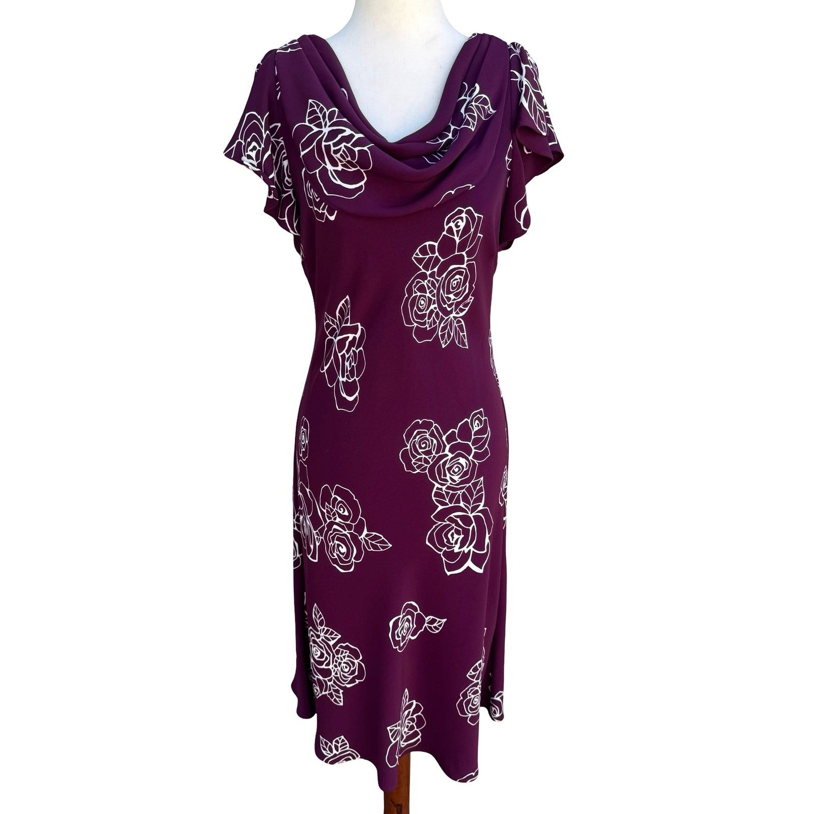 SL Fashions Vintage Purple Floral Rose Cowl Neck Midi Dress Womens 10 Romantic