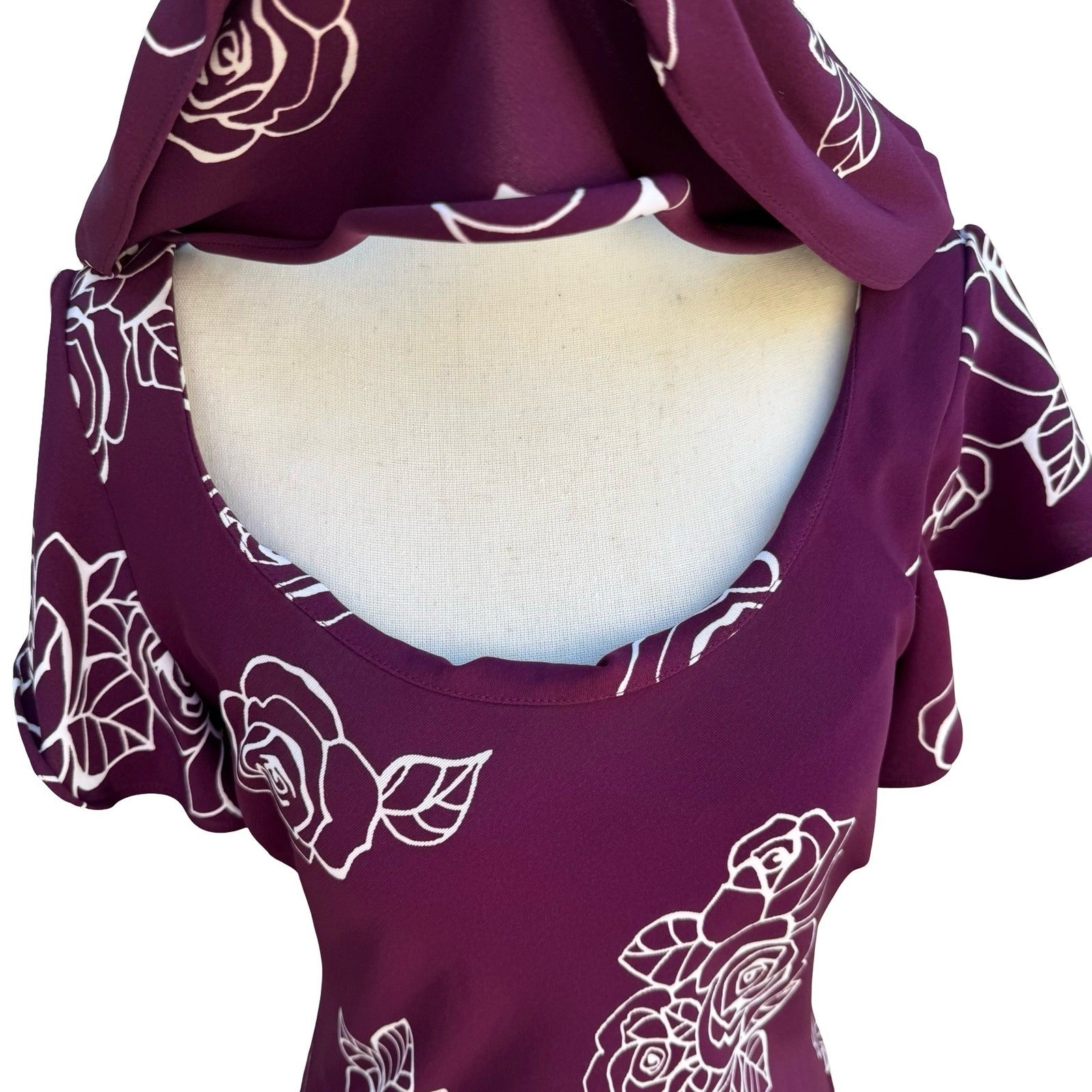 SL Fashions Vintage Purple Floral Rose Cowl Neck Midi Dress Womens 10 Romantic