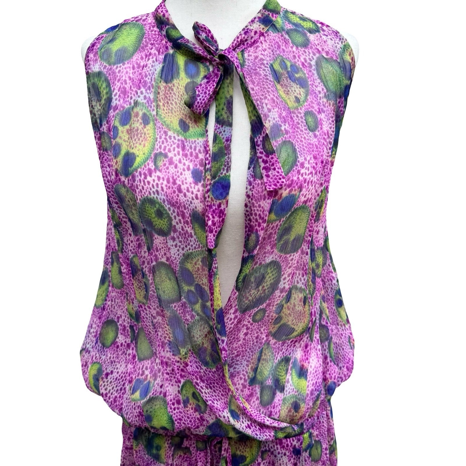 BGN First Y2K Silk Boho Abstract Semi Sheer Tie Neck Blouson Mini Dress Purple 6