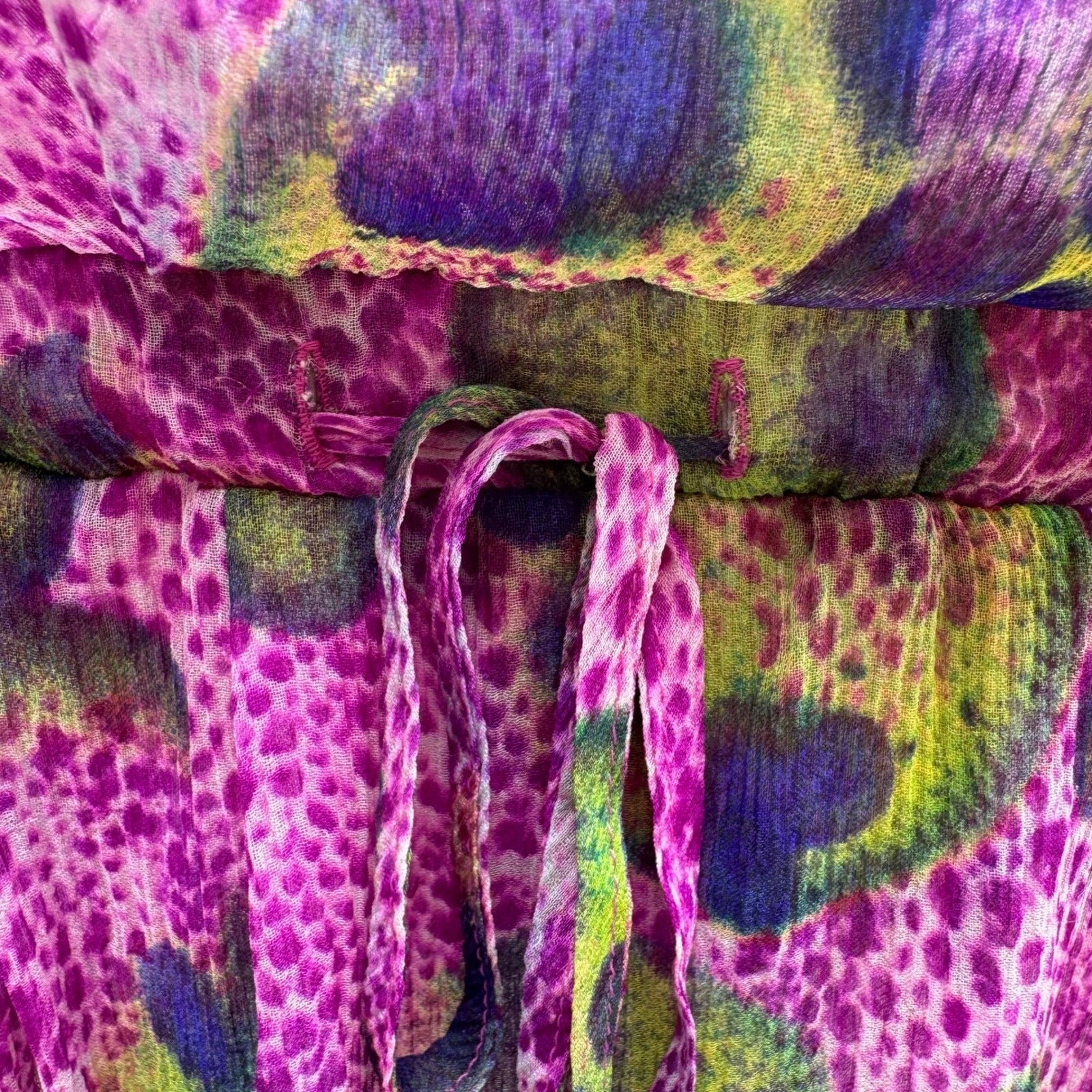 BGN First Y2K Silk Boho Abstract Semi Sheer Tie Neck Blouson Mini Dress Purple 6