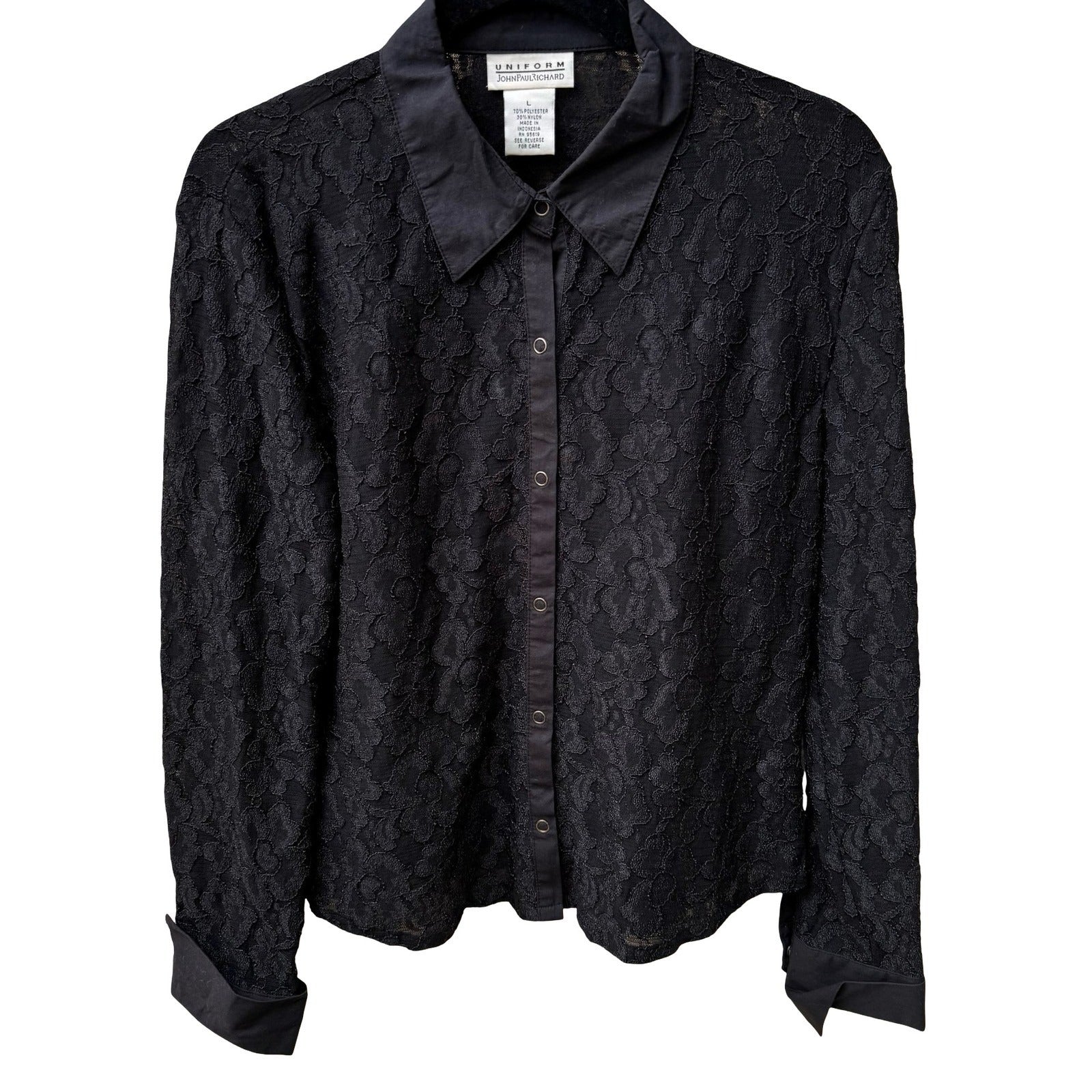 John Paul Richard Vintage Whimsigoth Coquette Floral Lace Sheer Snap Shirt L