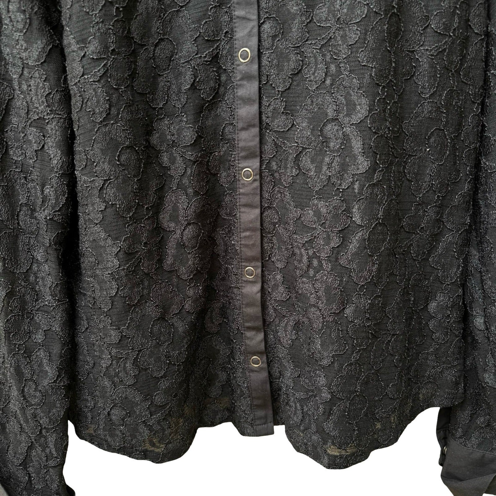 John Paul Richard Vintage Whimsigoth Coquette Floral Lace Sheer Snap Shirt L