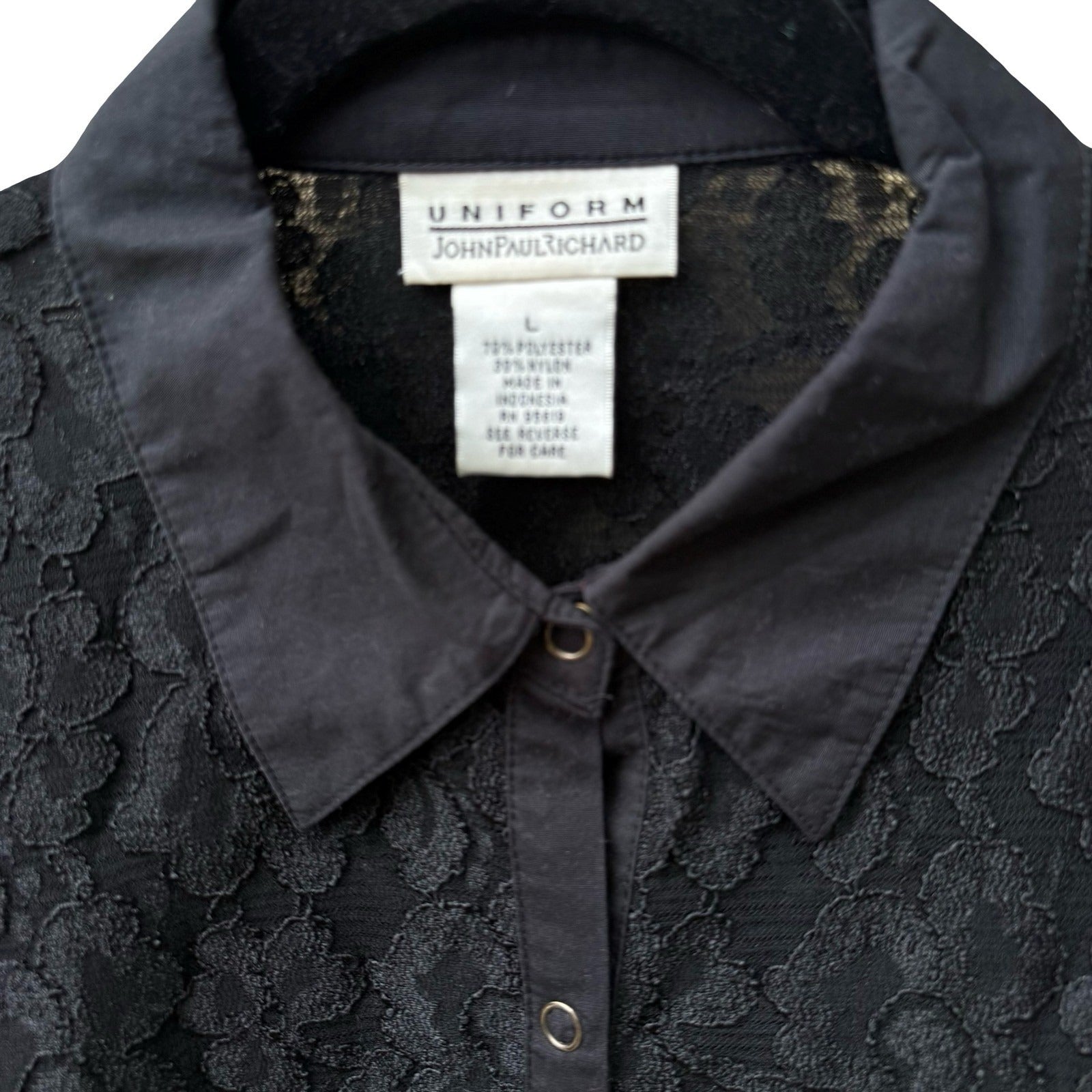 John Paul Richard Vintage Whimsigoth Coquette Floral Lace Sheer Snap Shirt L
